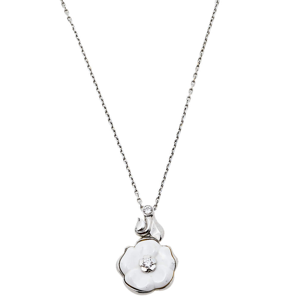 Chanel Camelia Ceramic Diamond 18k White Gold Flower Pendant Necklace