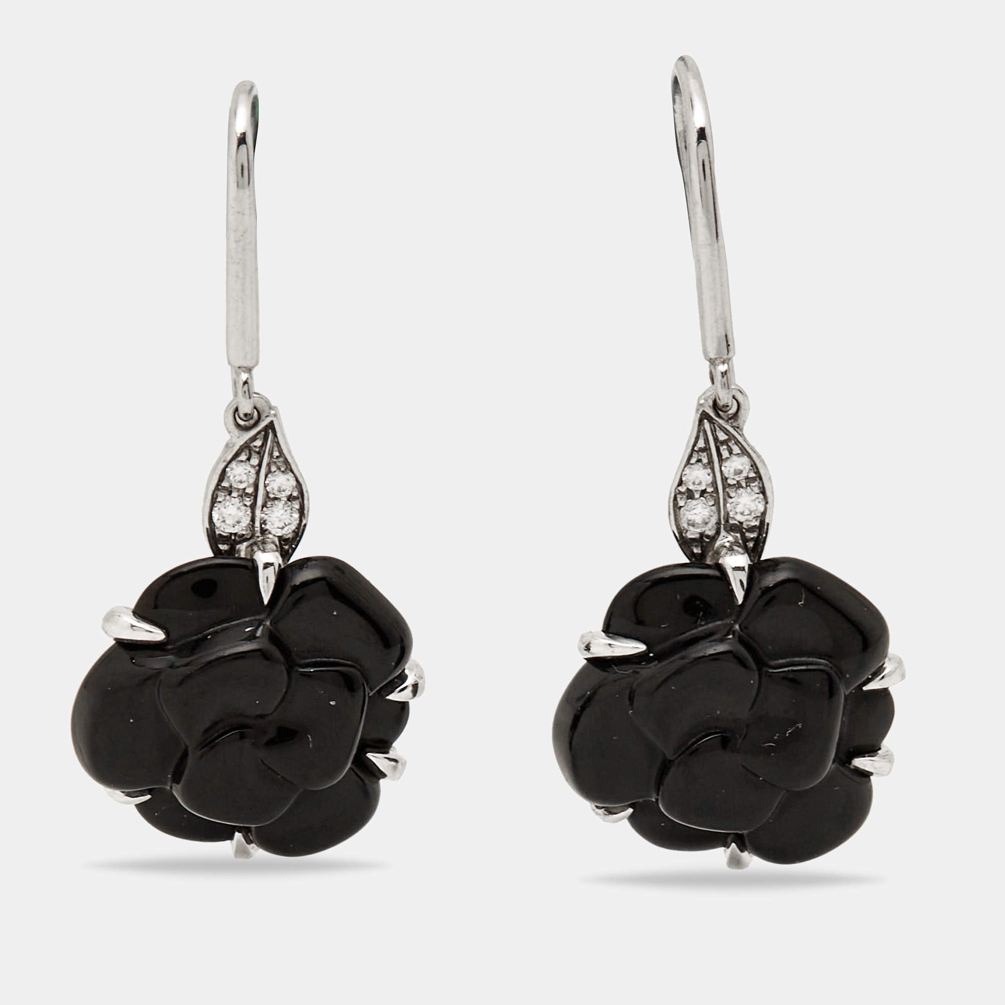 Chanel Camelia Onyx Diamond 18k White Gold Drop Earrings 