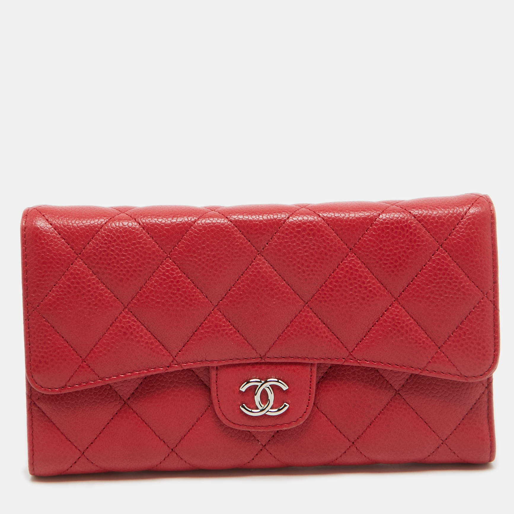 Pre Owned Chanel Red Quilted Caviar Leather Classic L Flap Wallet