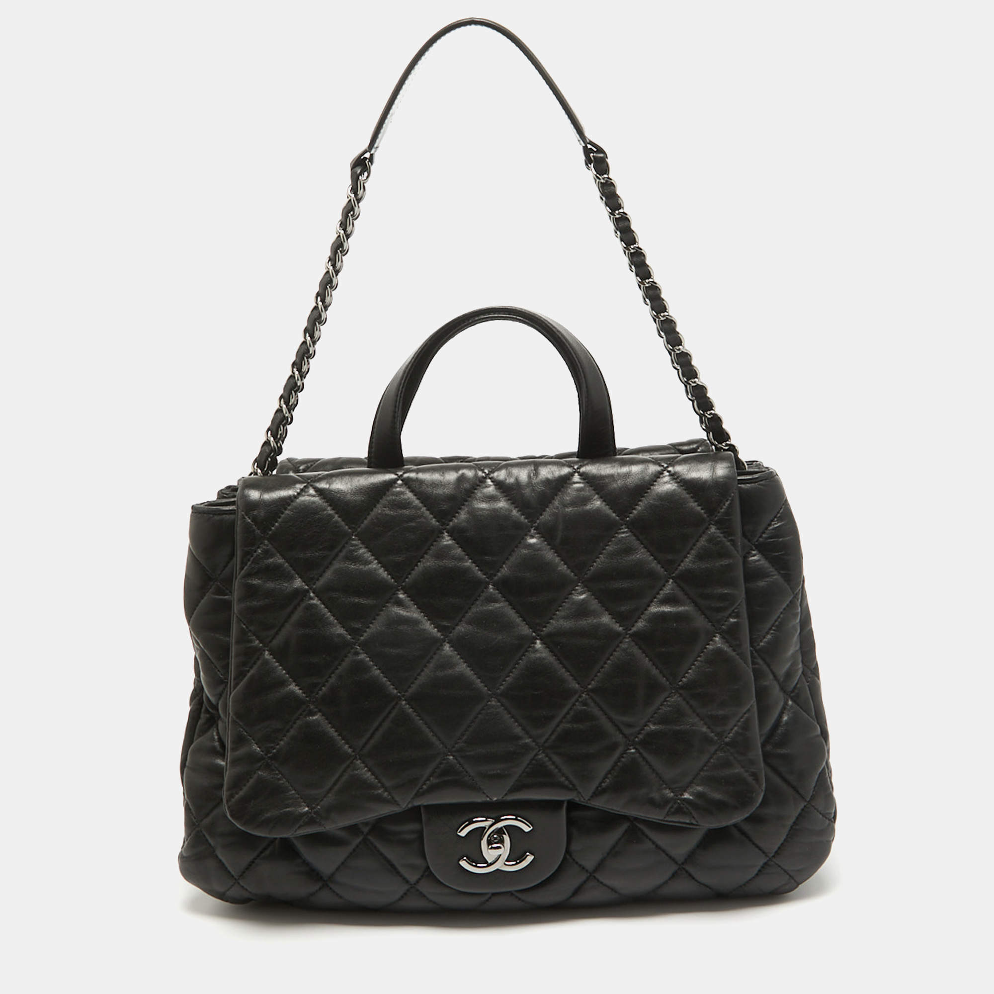 Pre Owned Chanel Black Quilted Leather Maxi 3 Flap Bag
