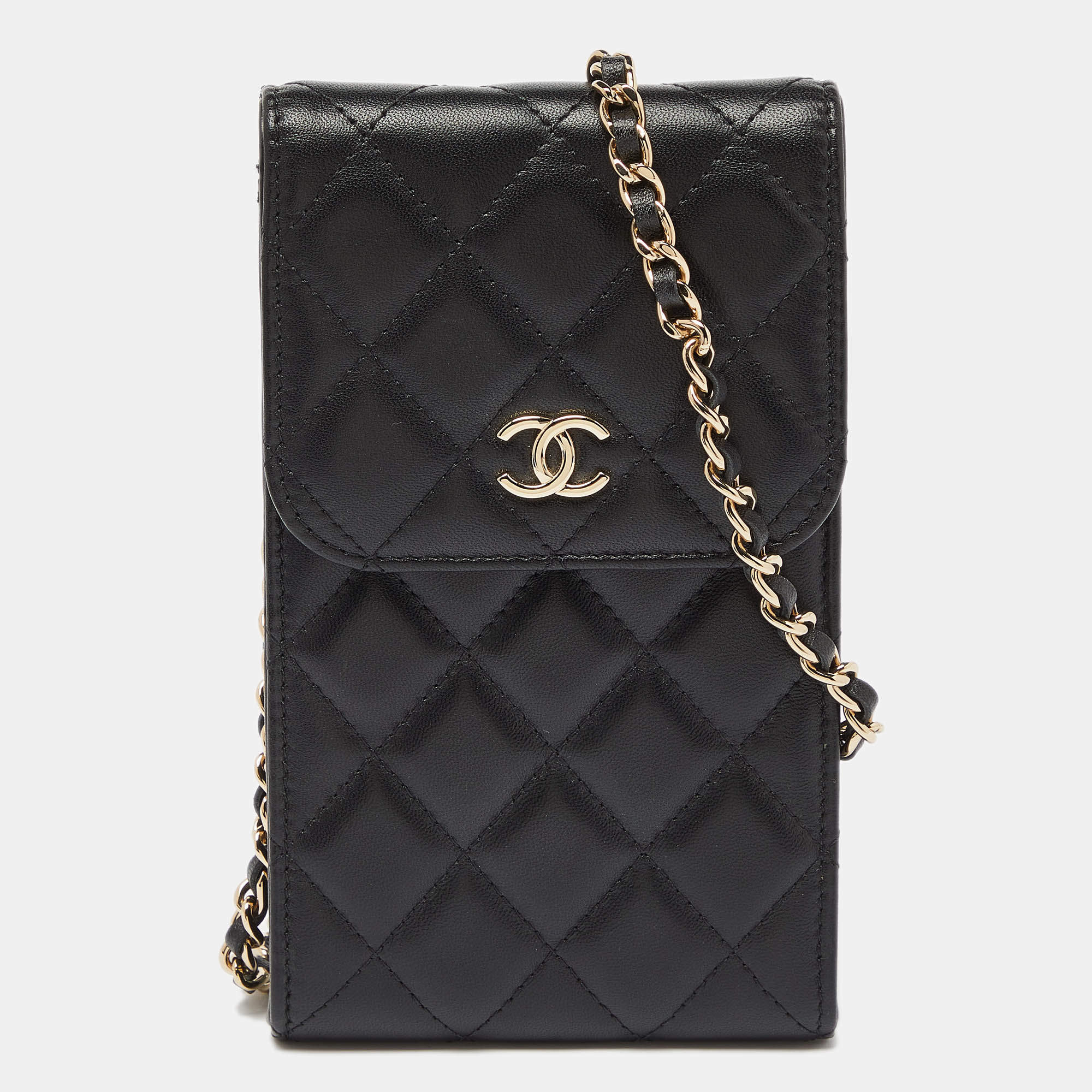 Pre Owned Chanel Black Quilted Leather Phone Holder Crossbody Bag               
