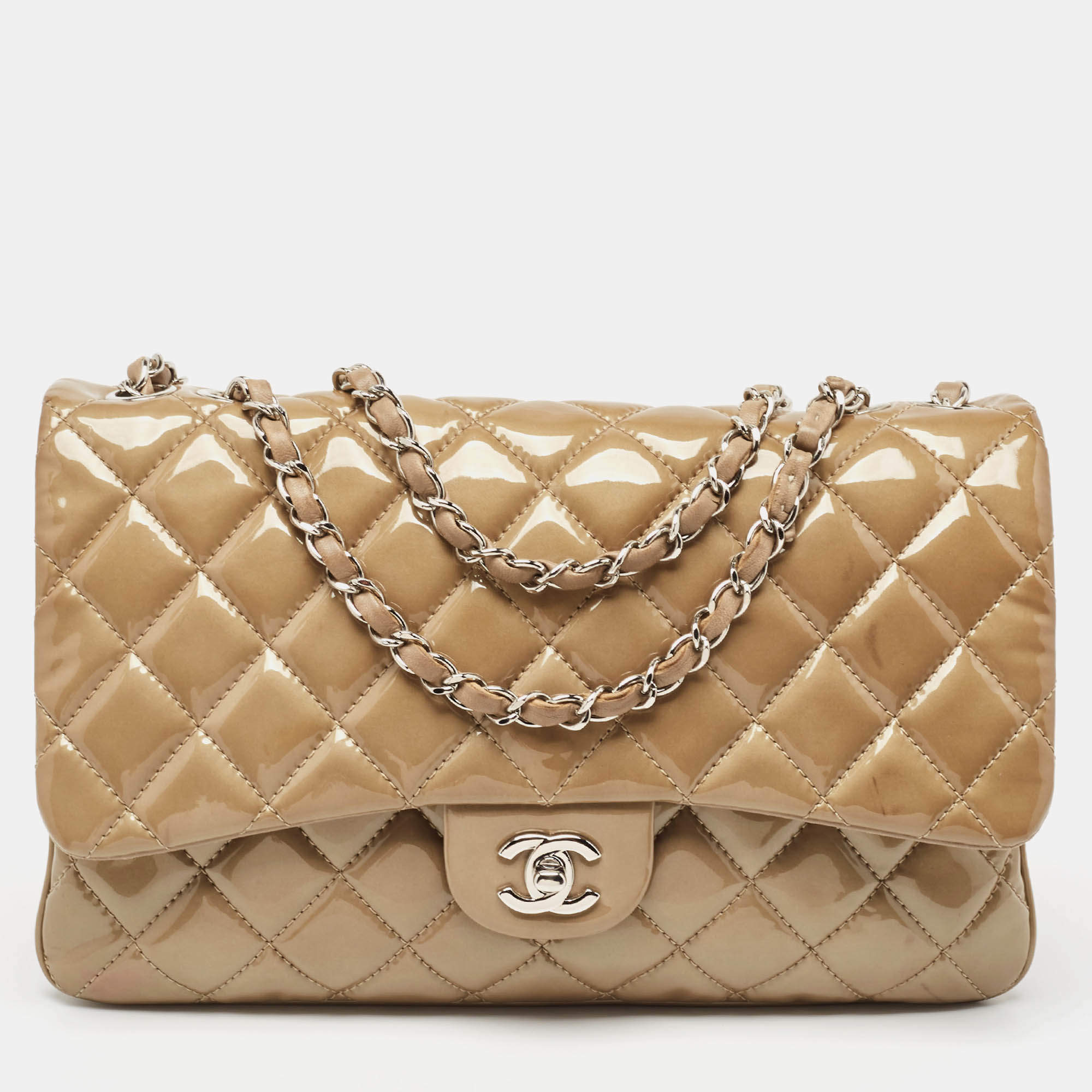 Pre Owned Chanel Beige Quilted Patent Leather 3 Classic Flap Bag