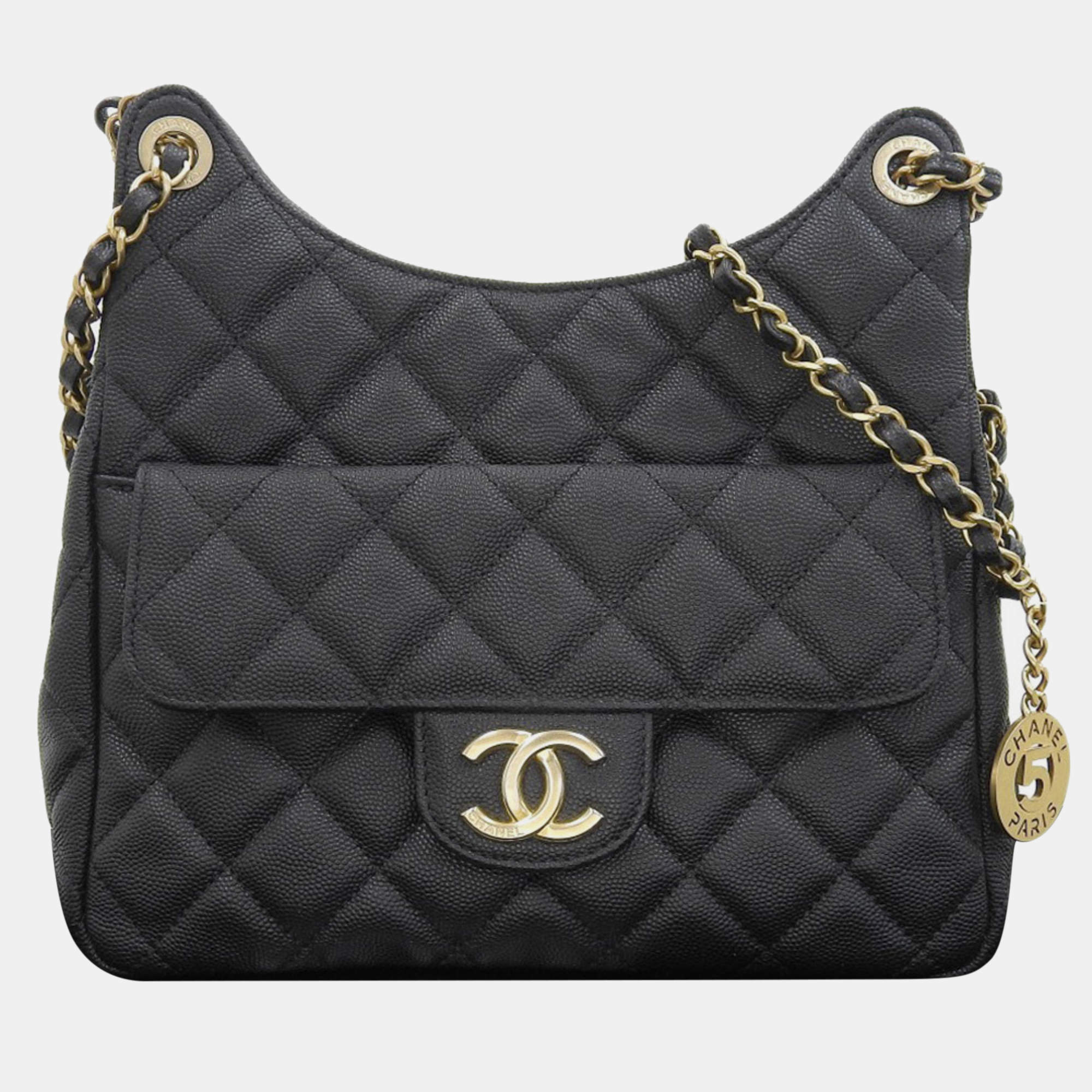 Chanel Black Caviar Quilted Wavy CC Hobo Bag