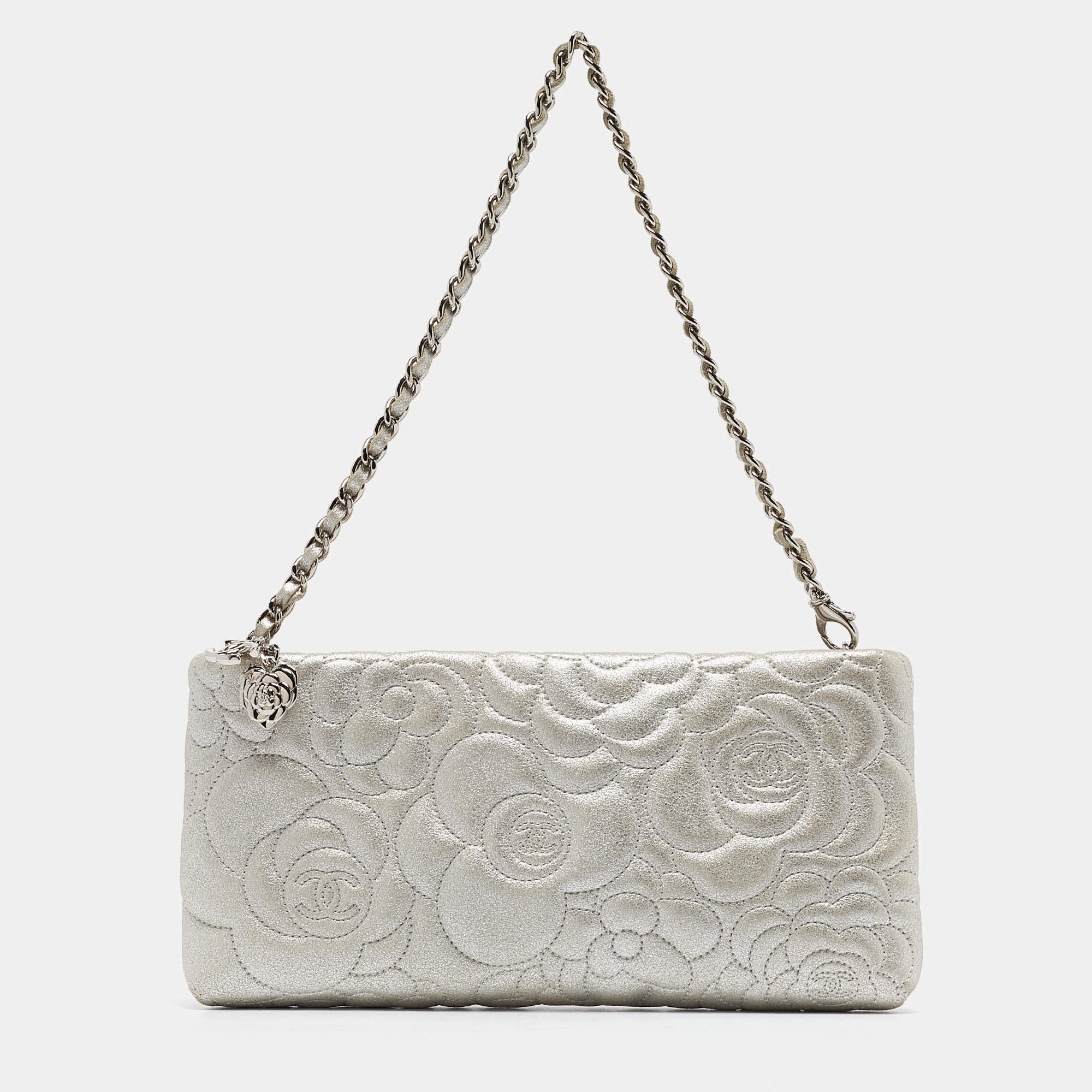 Pre Owned Chanel Grey Shimmer Nubuck Leather Camelia Embossed Chain Clutch