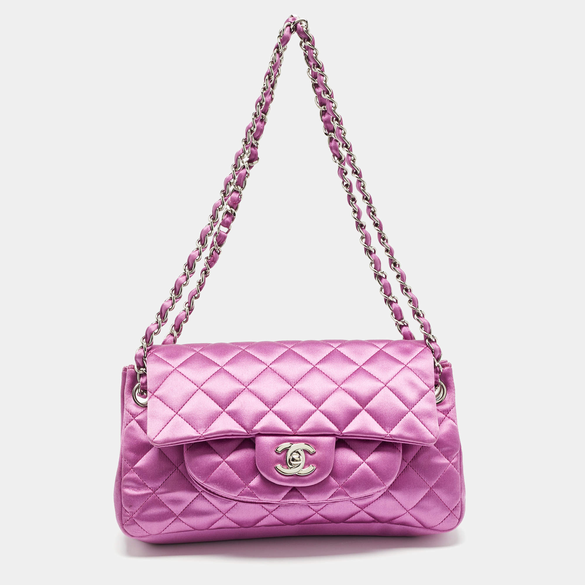 Pre Owned Chanel Purple Quilted Satin Classic Accordion Shoulder Bag