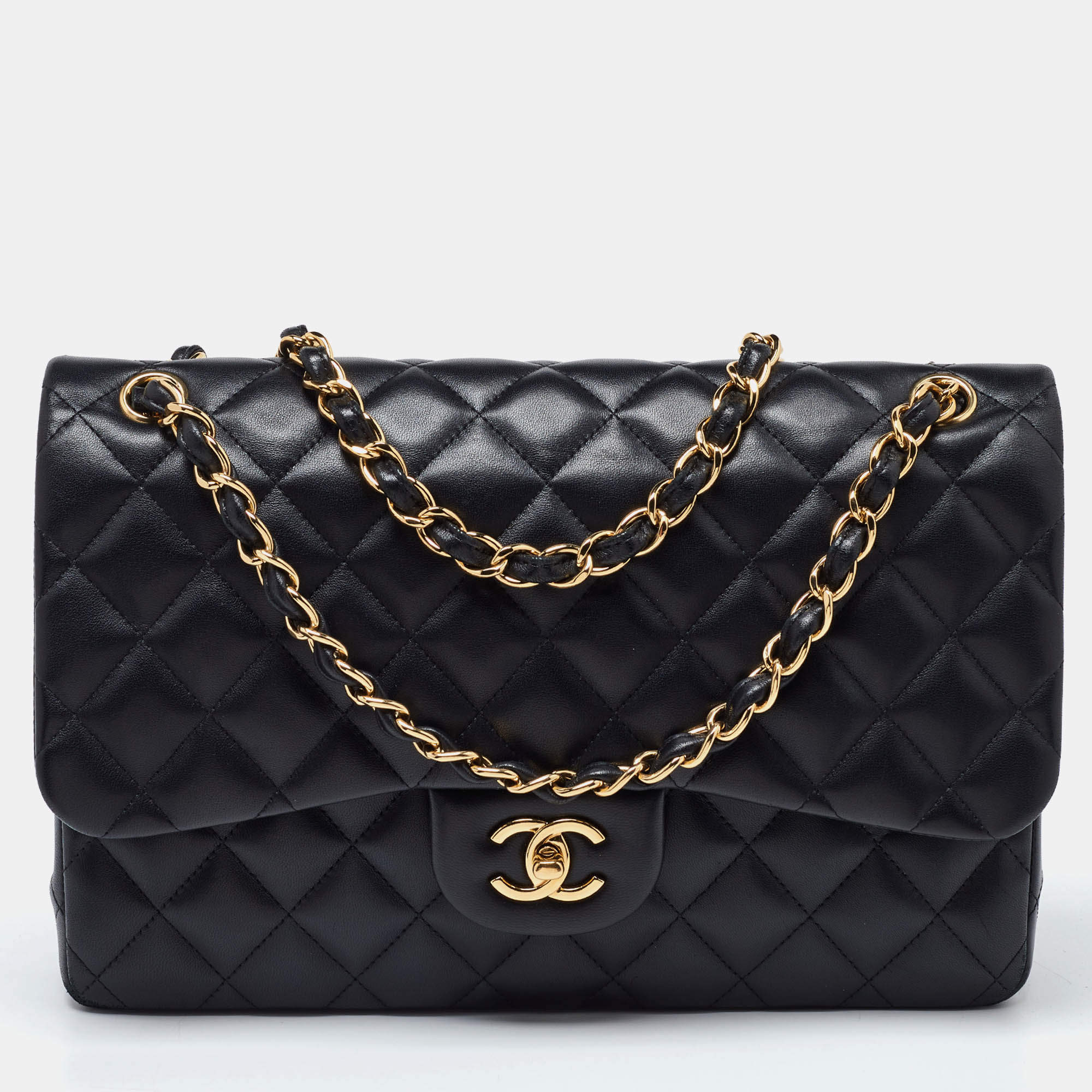 Pre Owned Chanel Black Quilted Leather Jumbo Classic Double Flap Bag