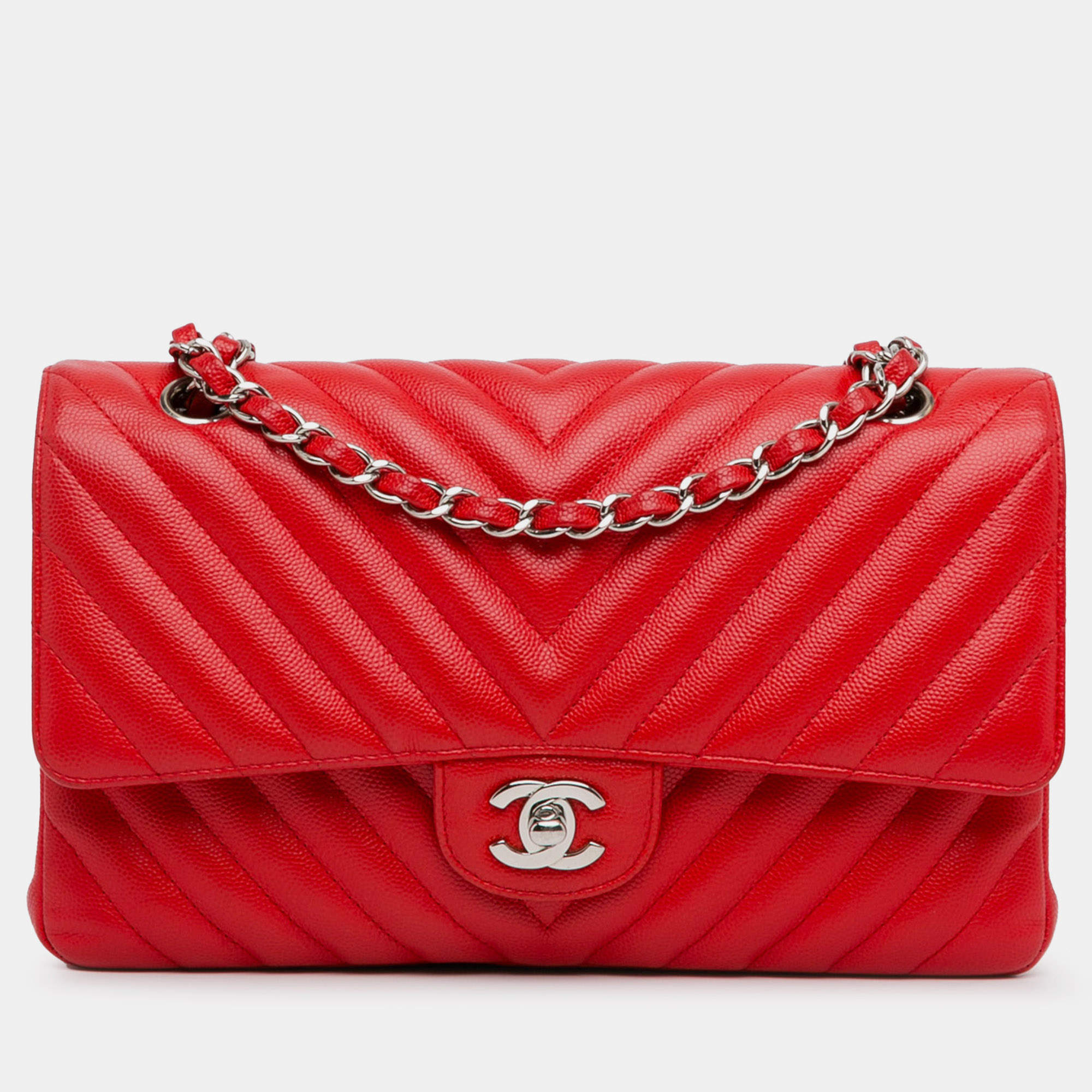 Pre Owned Chanel Medium Classic Chevron Caviar Double Flap Bag