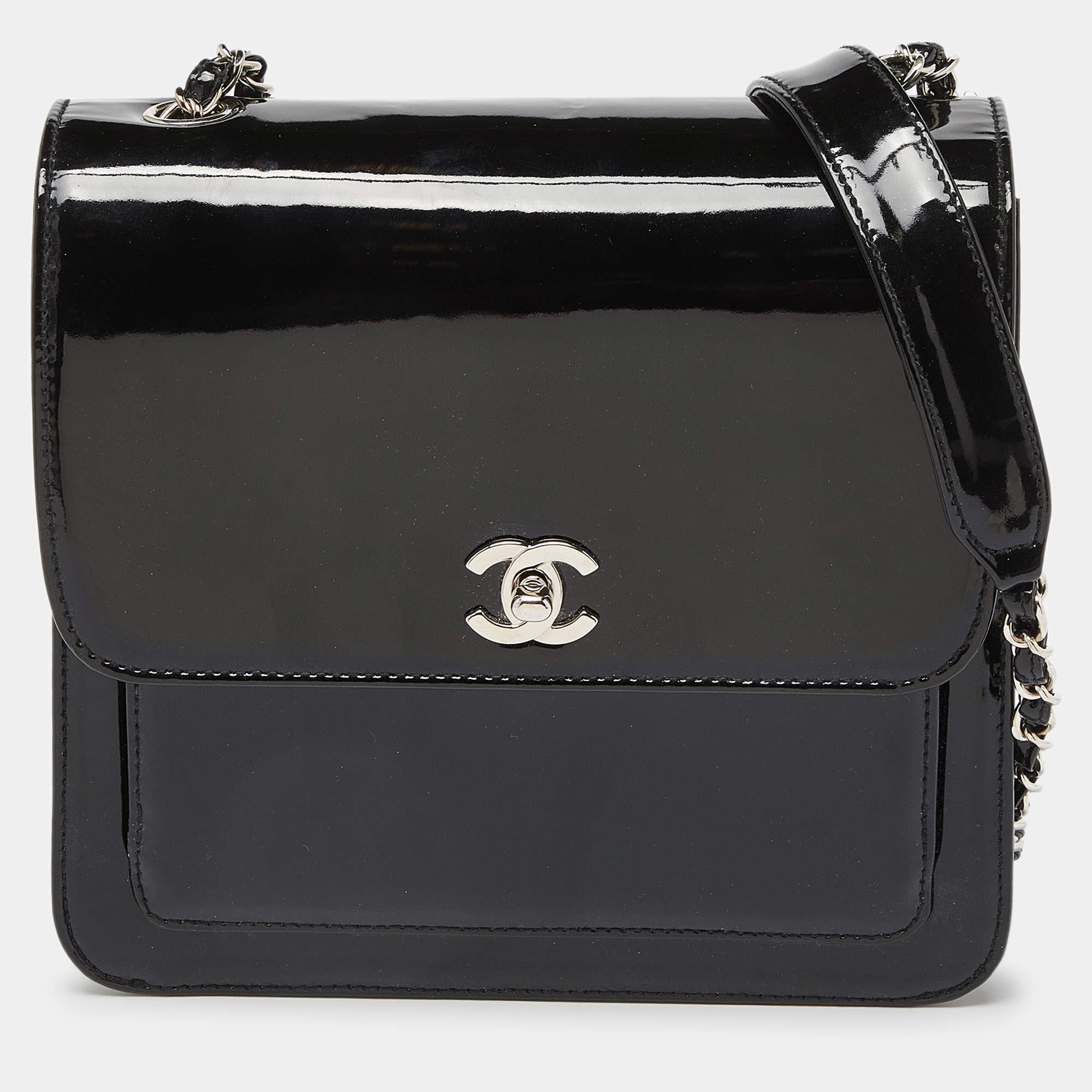 Pre Owned Chanel Black Patent Leather Vintage CC Square Flap Bag