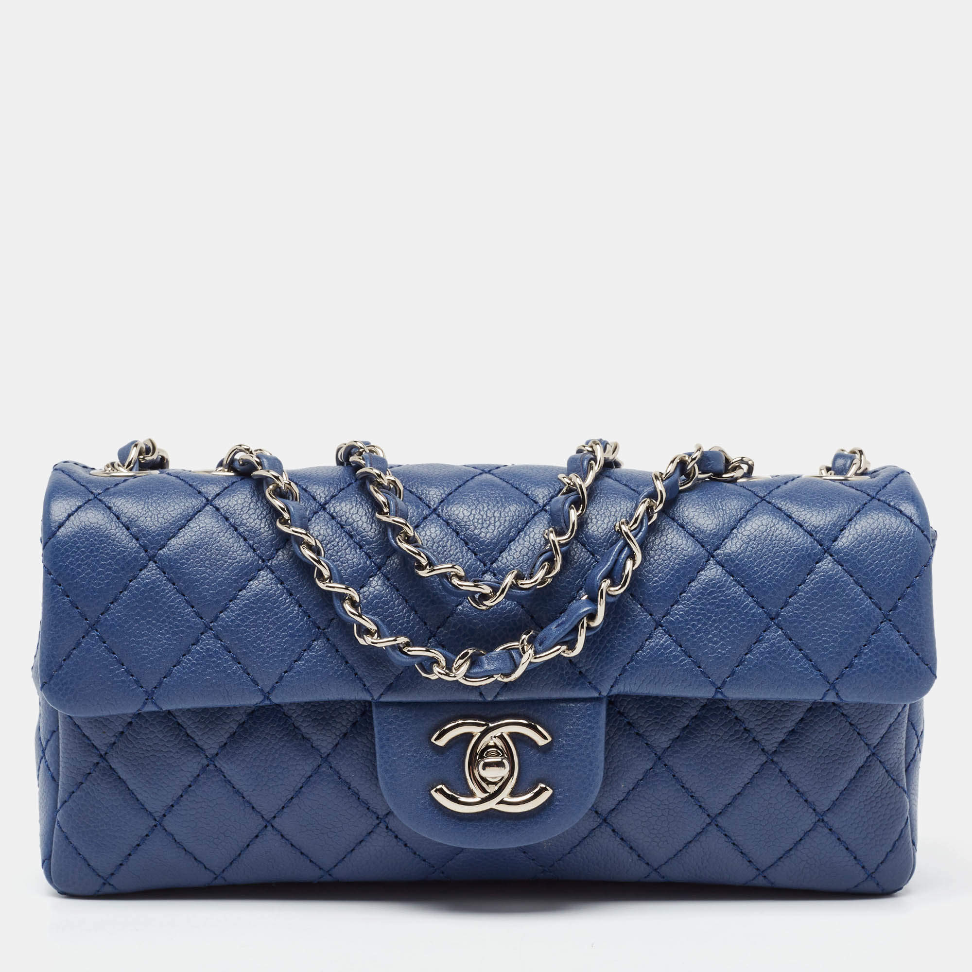 Pre Owned Chanel Blue Quilted Caviar Leather East/West Classic Flap Bag