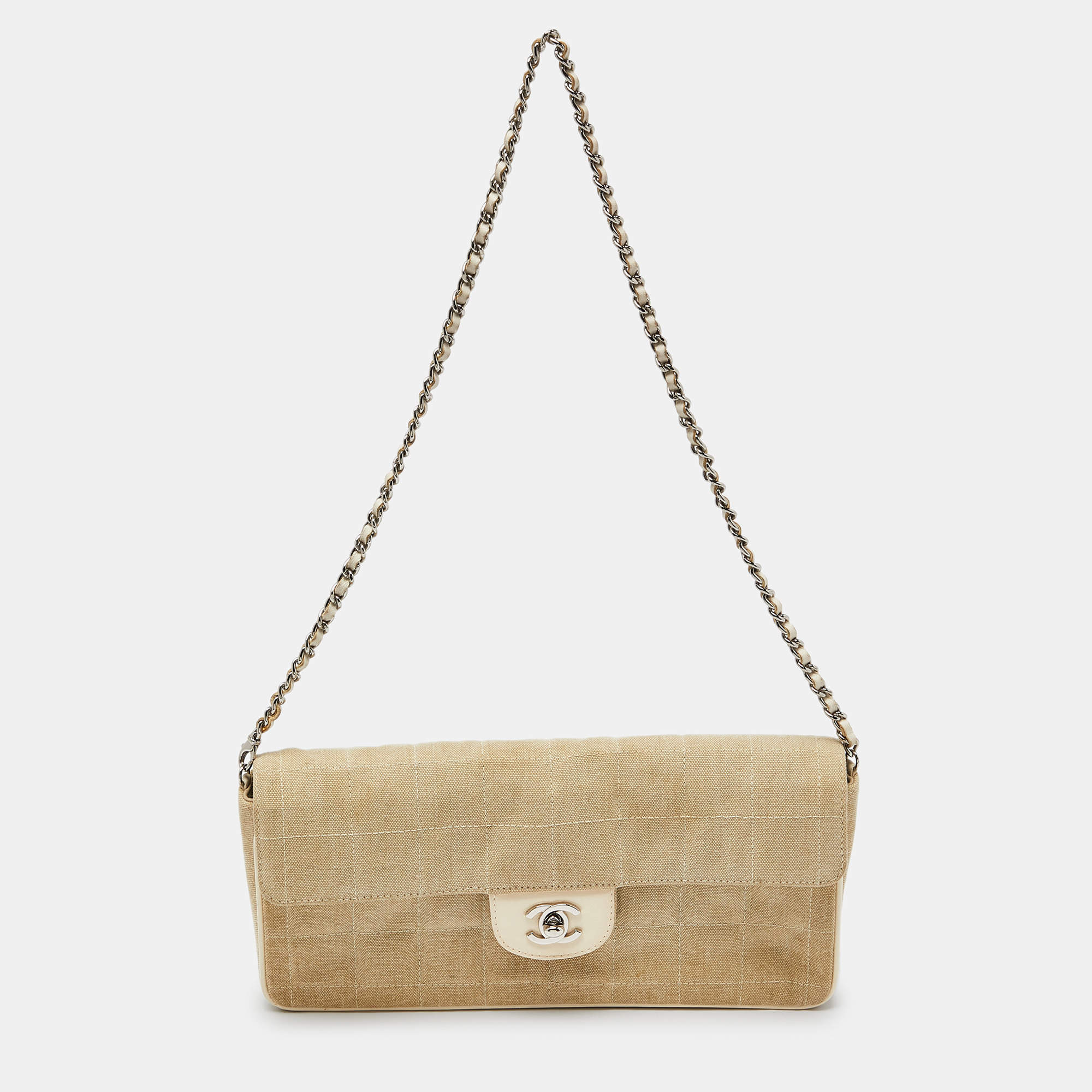 Pre Owned Chanel Beige Quilted Canvas Travel Line East West Flap Bag