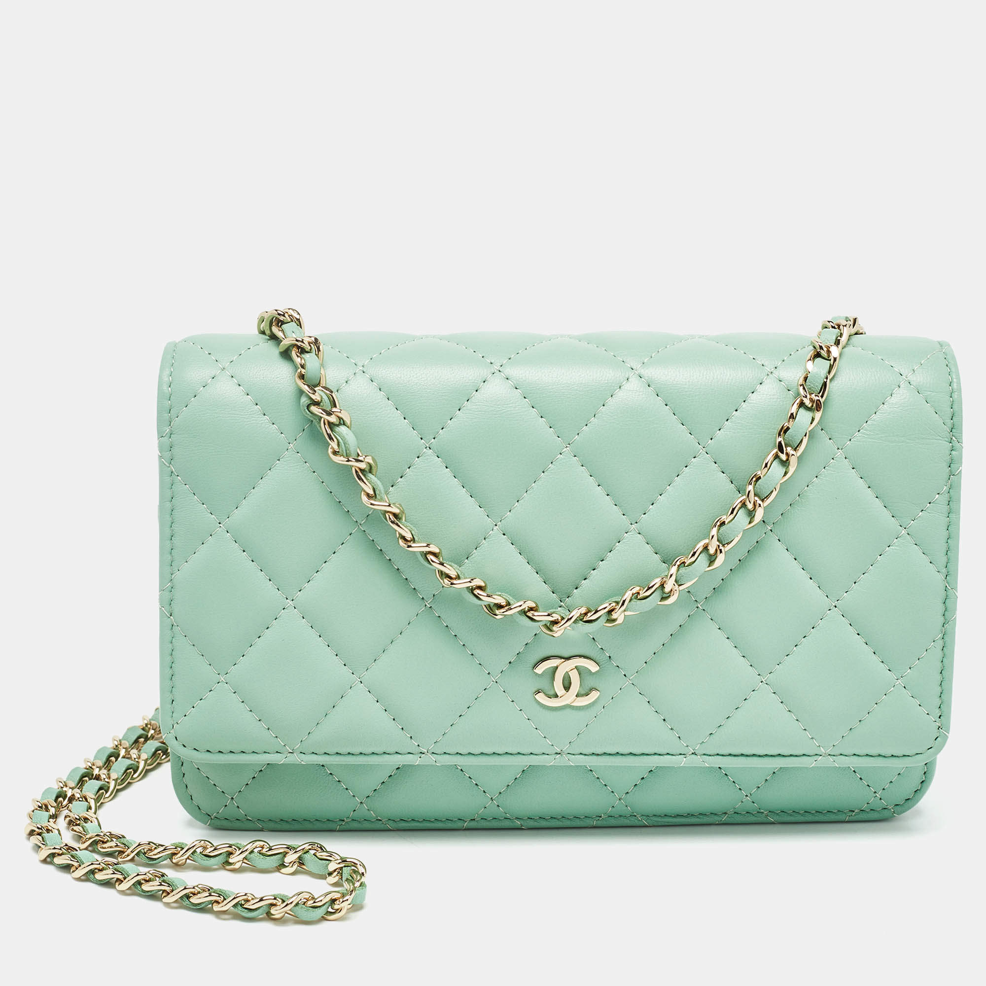 Chanel Light Green Quilted Leather CC Wallet on Chain