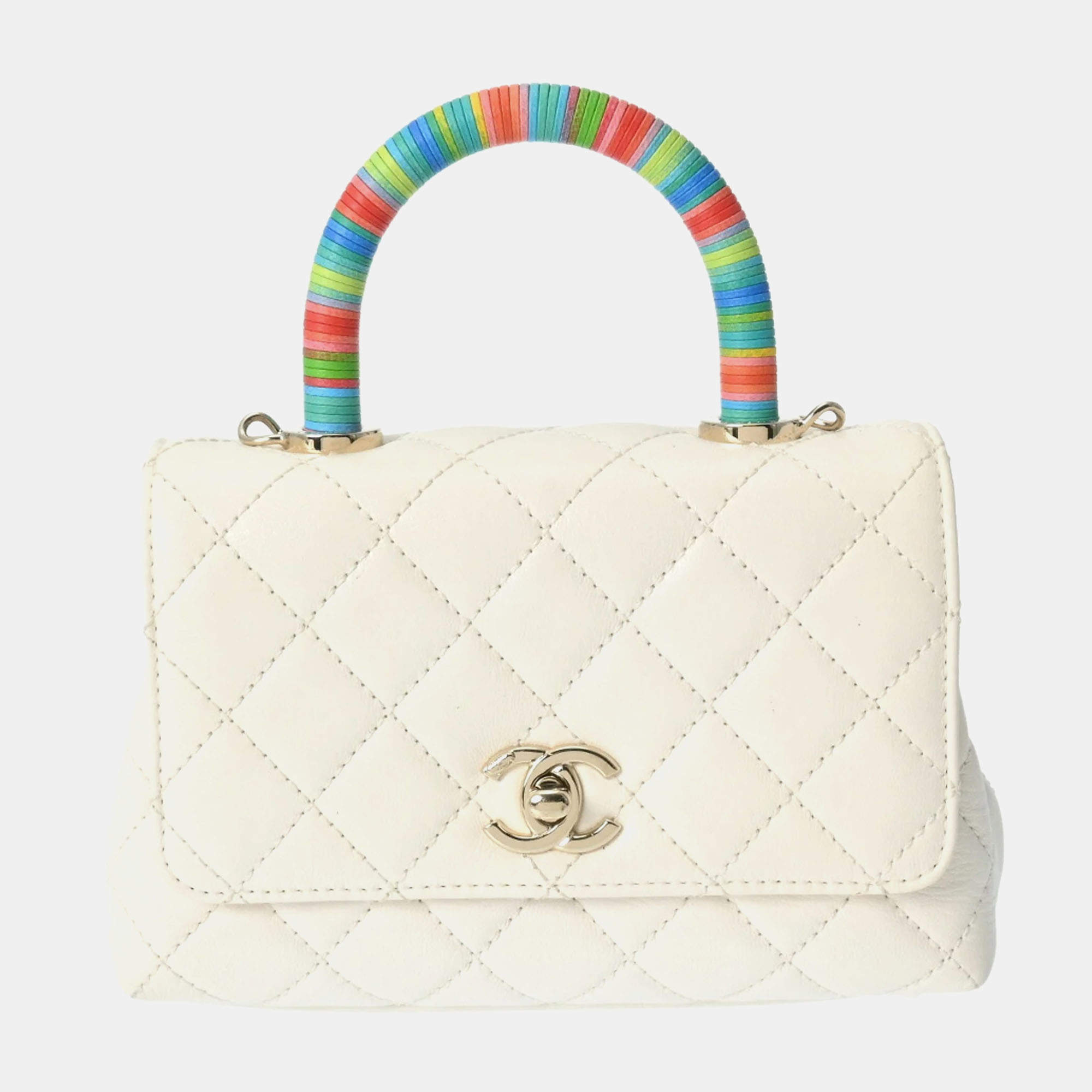 Chanel White Quilted Lambskin Mini Rainbow Coco Top Handle Bag