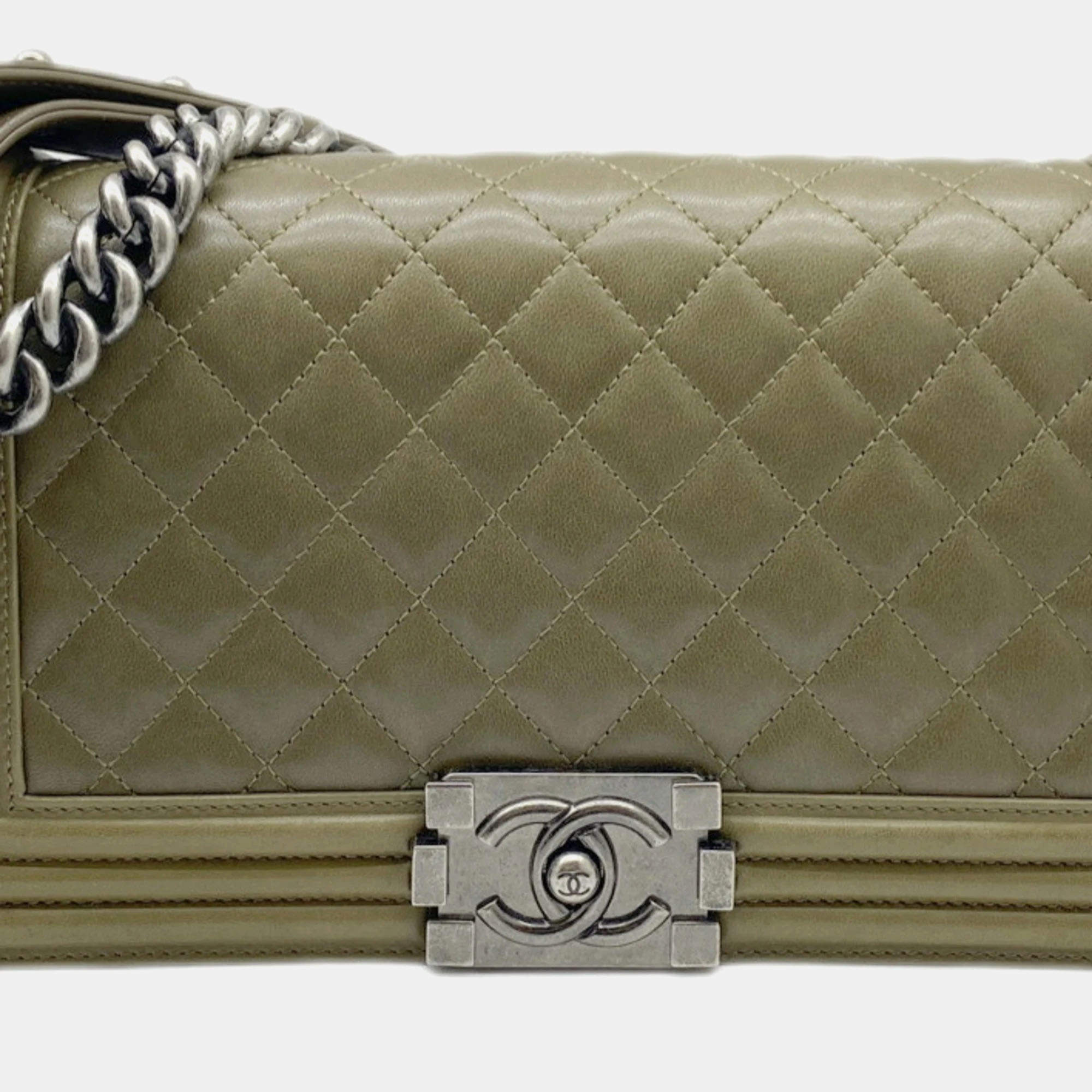 Chanel Khaki Lambskin Leather Large Boy Shoulder Bag