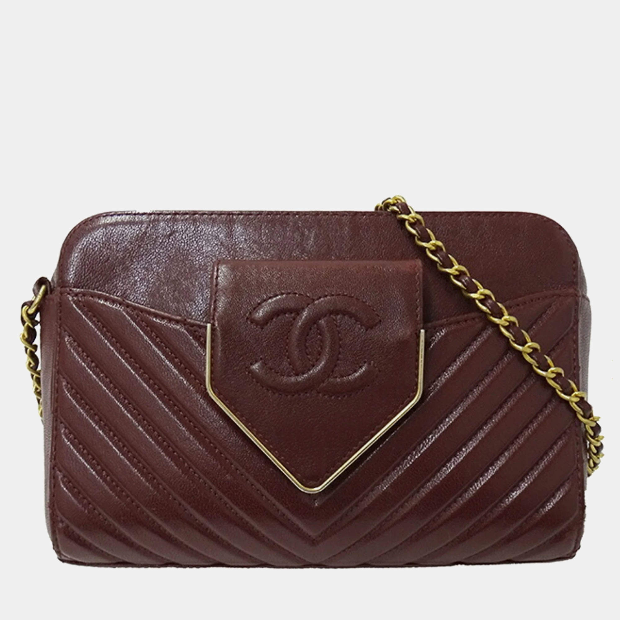 Chanel Bordeaux Chevron Sheepskin Small CC Flap Pocket Camera Bag 