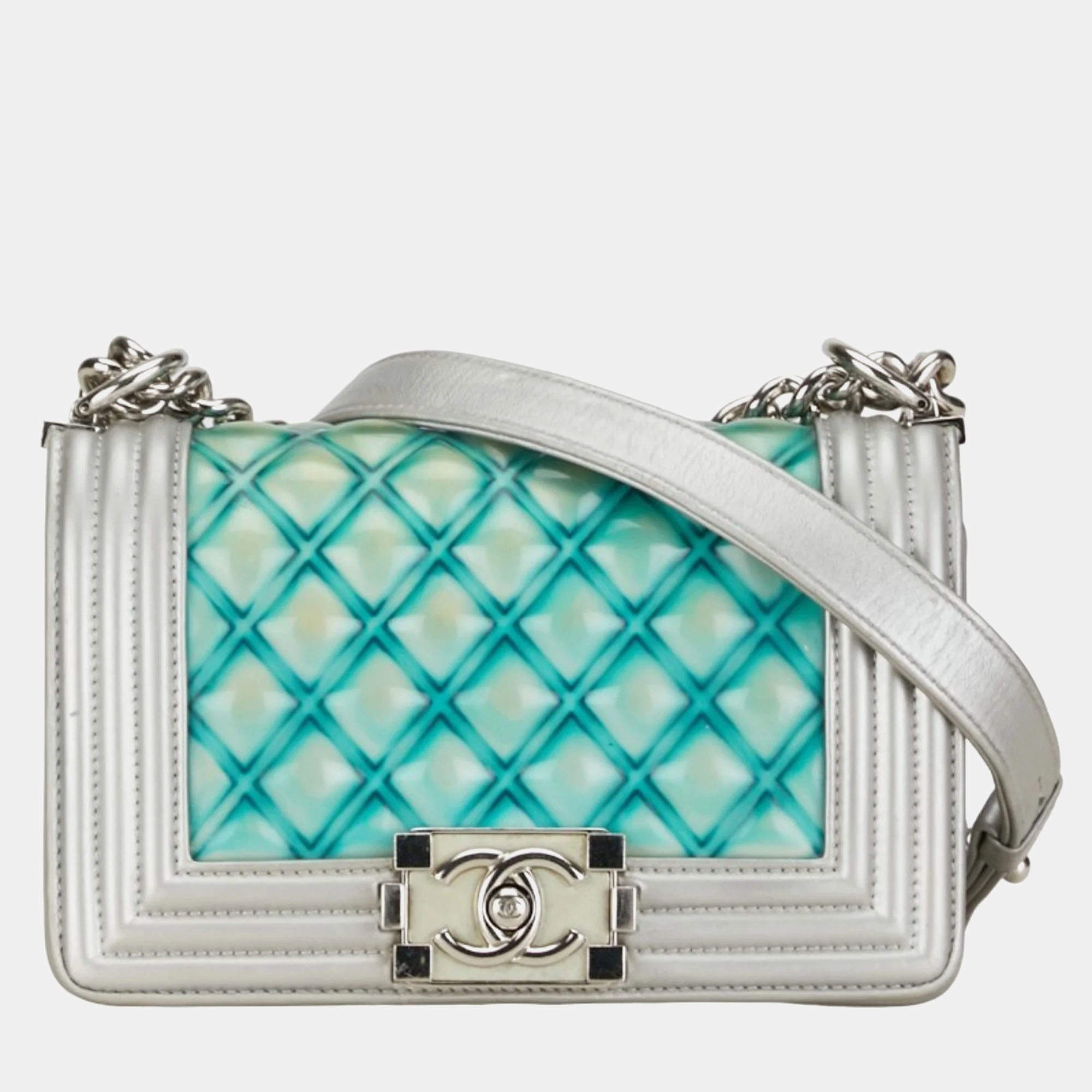 Chanel Silver/Blue PVC and Leather Small Water Boy Flap Bag