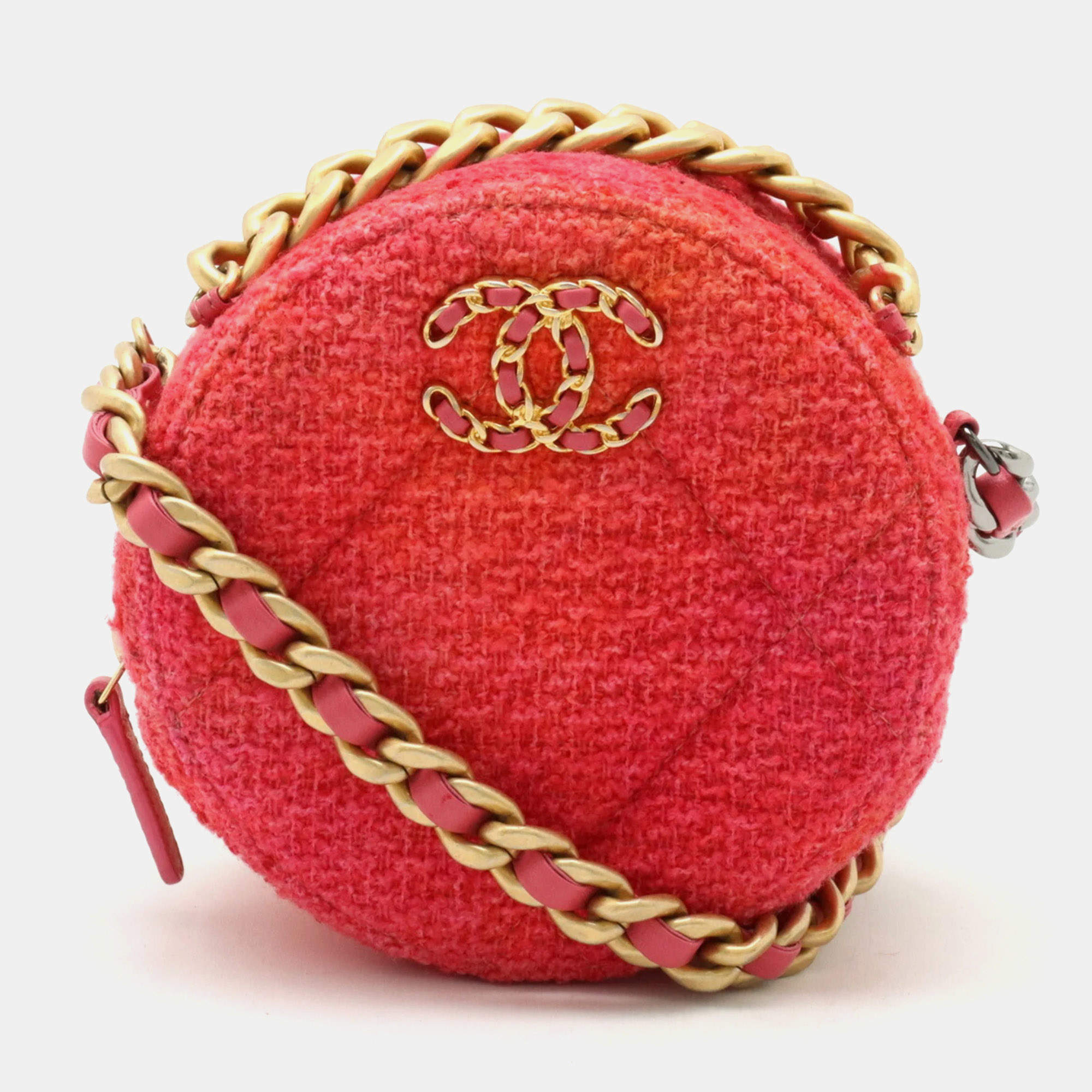 Chanel Pink/Orange Tweed Lambskin Quilted Chanel 19 Round Clutch With Chain 