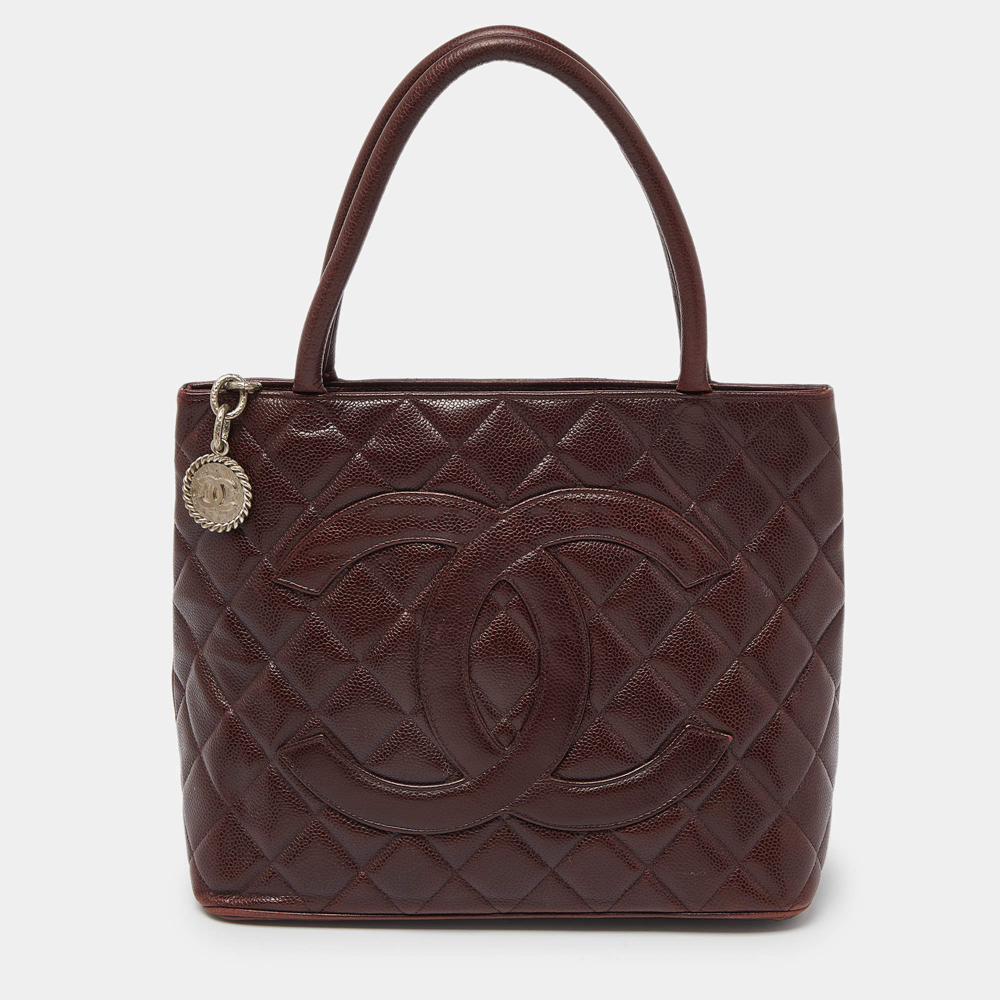 Pre Owned Chanel Burgundy Quilted Caviar Leather Medallion Tote