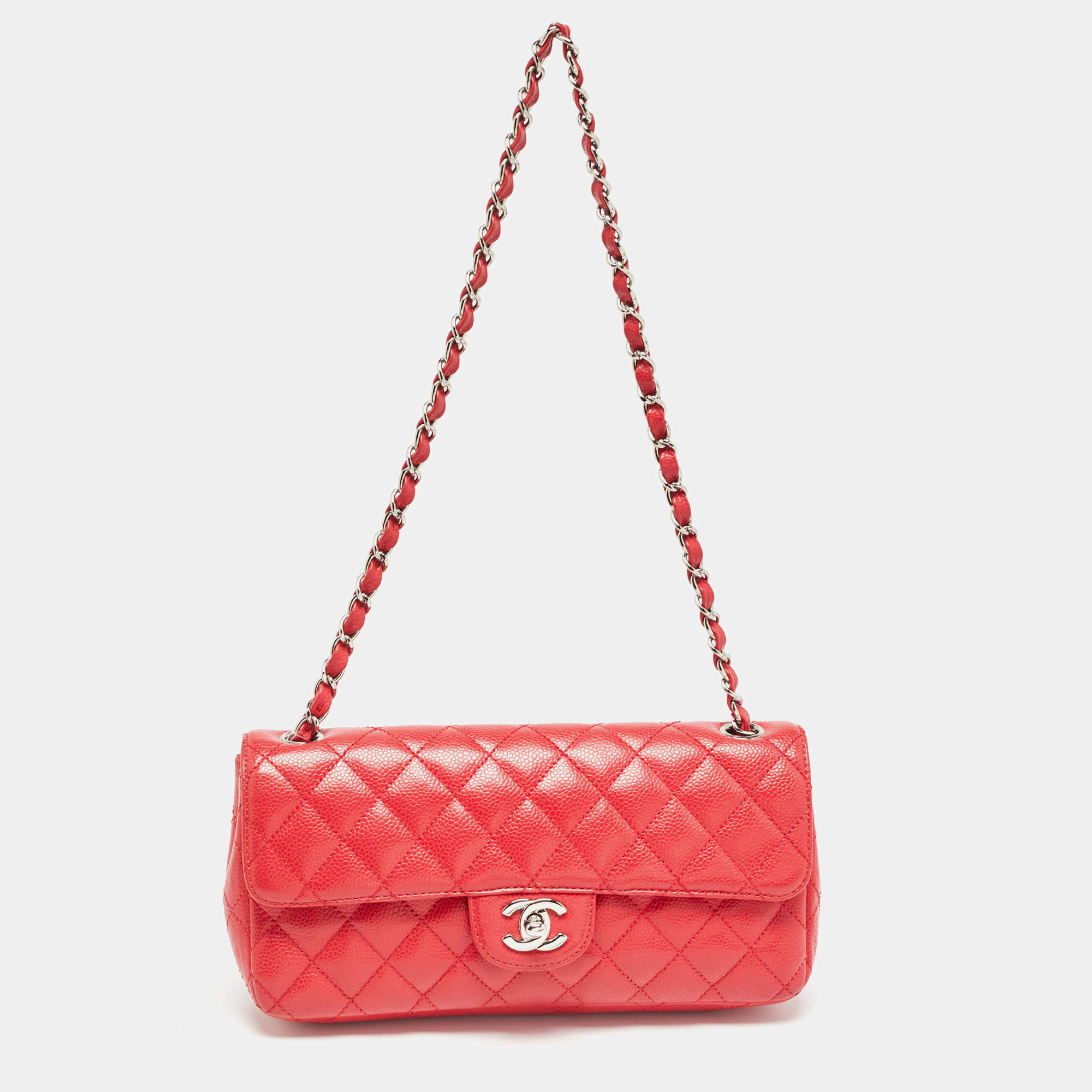 Pre Owned Chanel Red Quilted Caviar Leather Classic East West Flap Bag