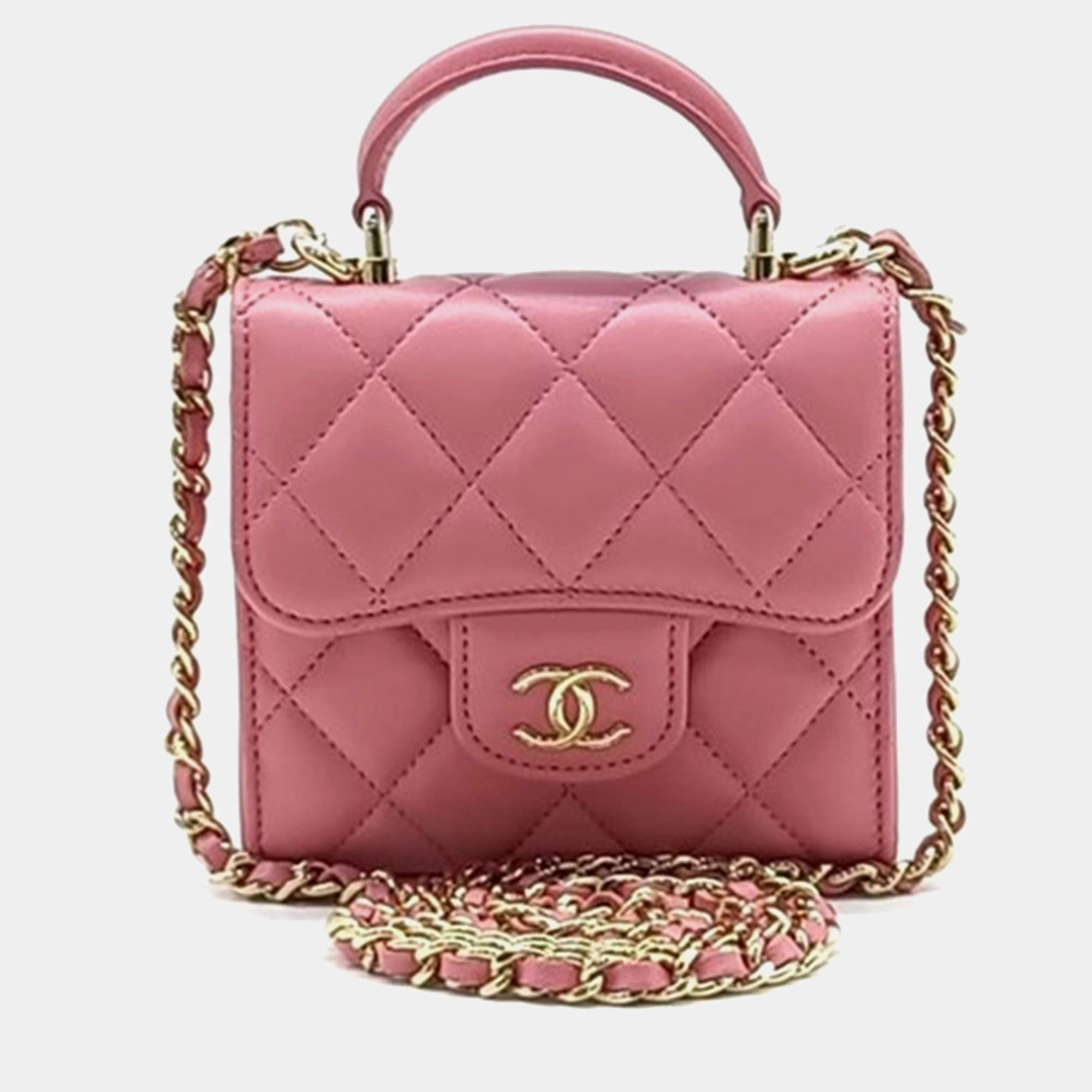 Pre Owned Chanel Pink Quilted Leather Mini CC Square Top Handle Bag
