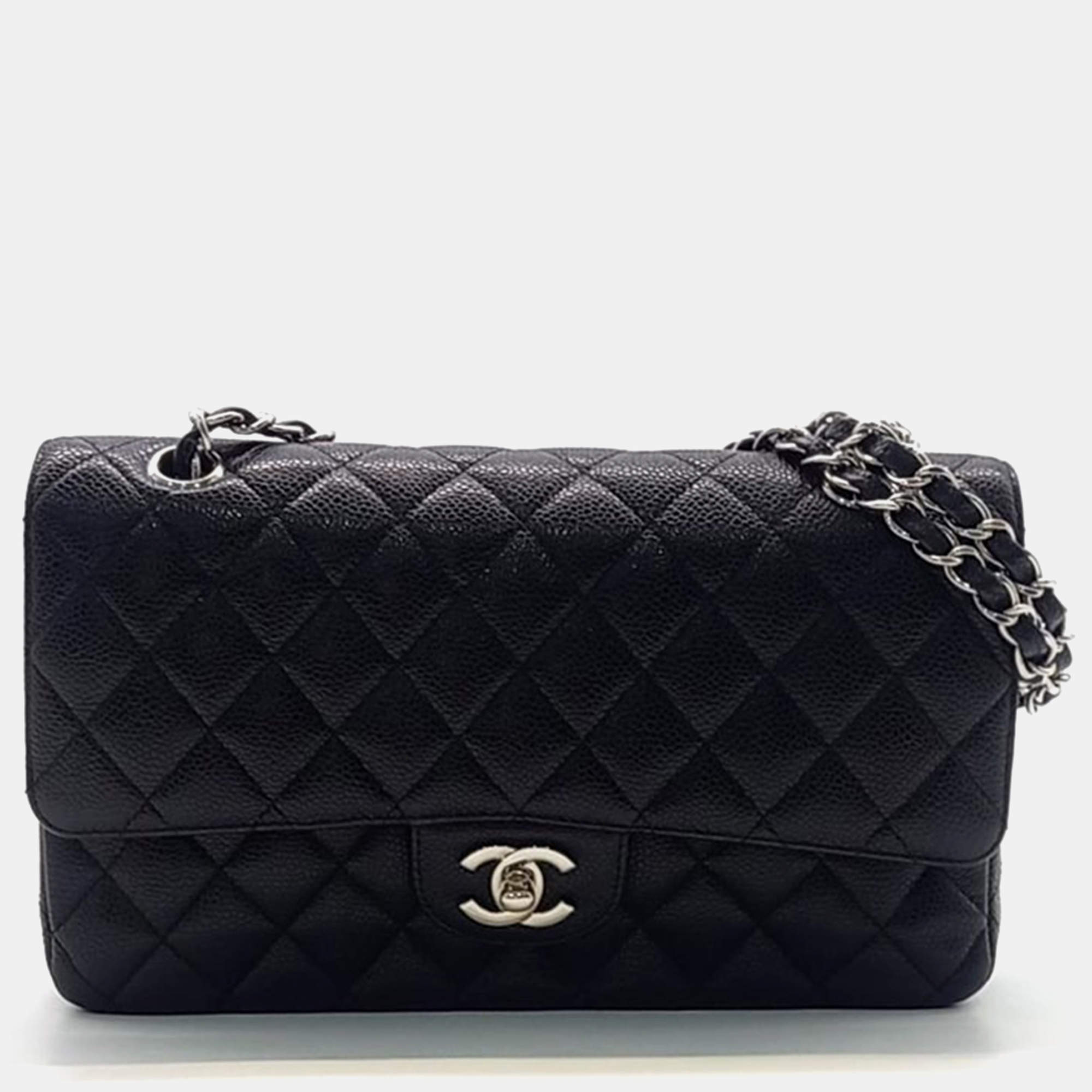 Pre Owned Chanel Black Caviar Leather Classic Medium Handbag