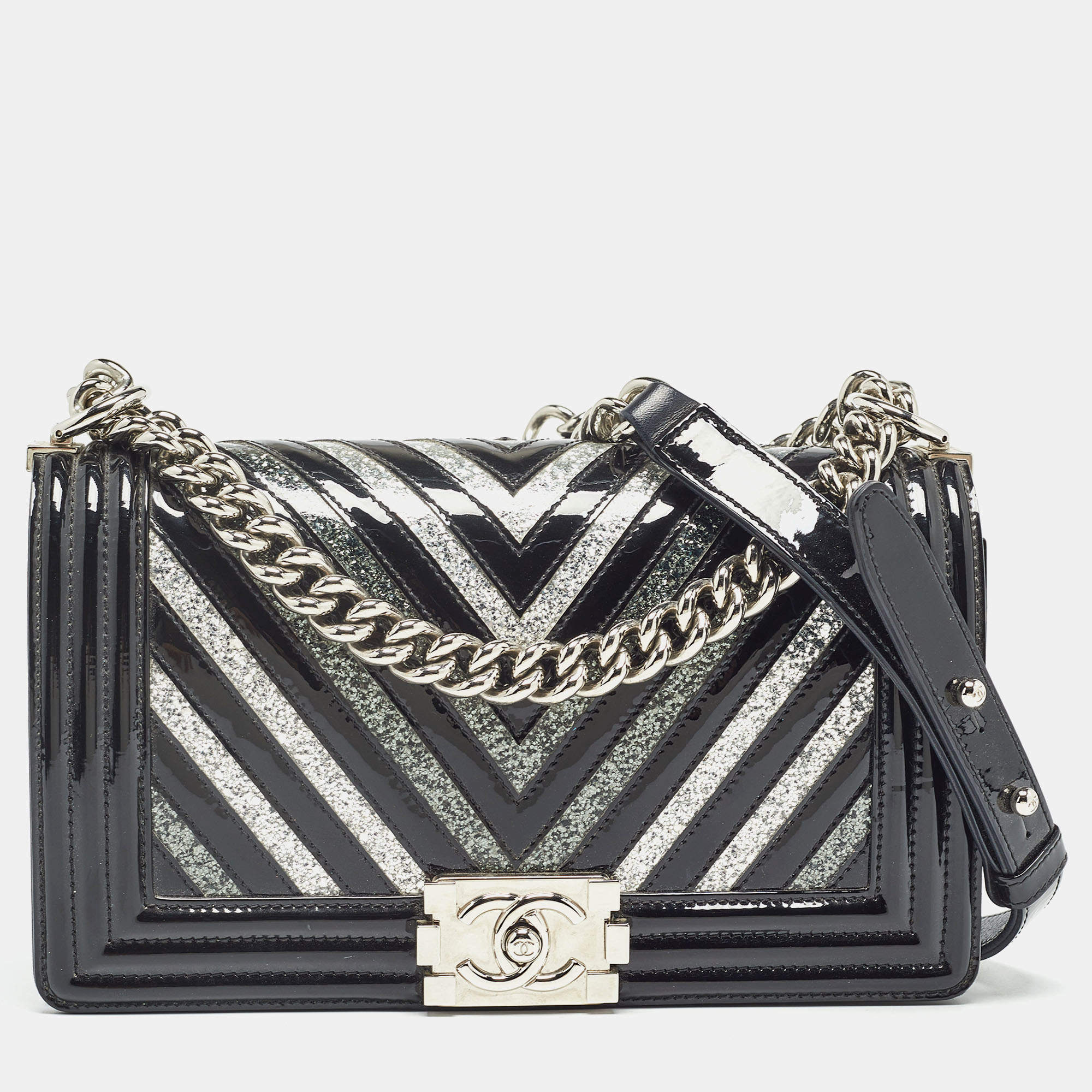 Chanel Black/Silver Chevron Patent Leather Medium Boy Flap Bag
