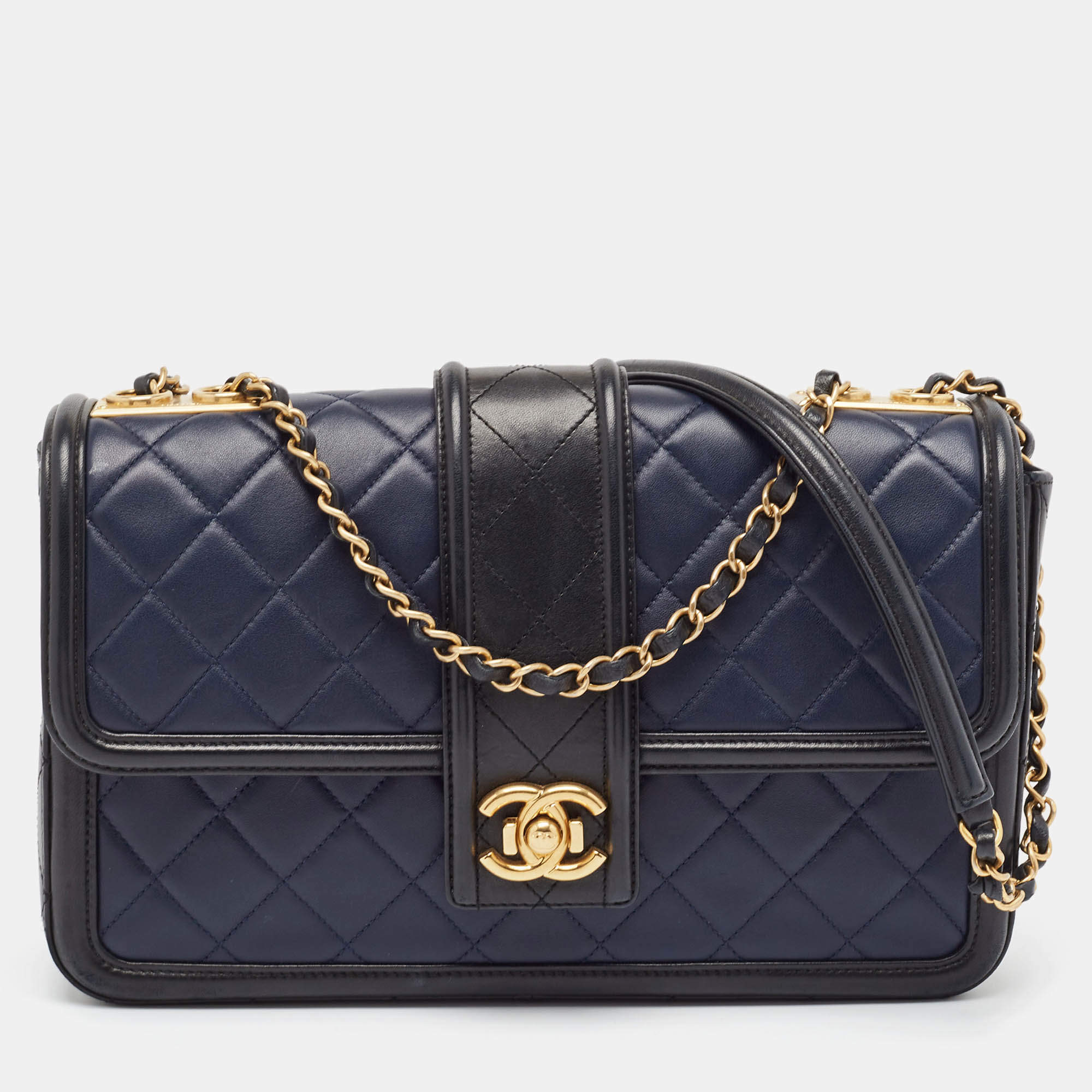 Pre Owned Chanel Navy Blue/Black Quilted Leather Elegant CC Shoulder Bag