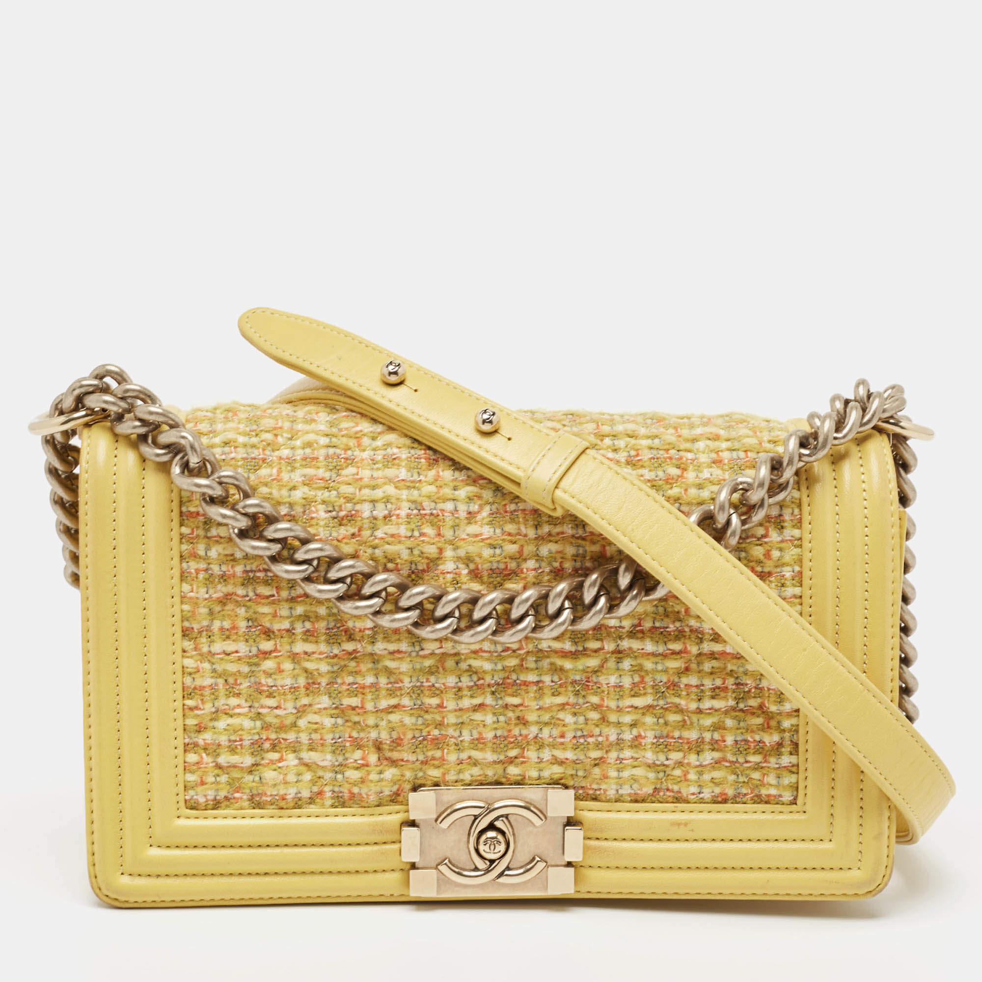 Chanel Yellow Quilted Tweed and Leather Medium Boy Flap Bag