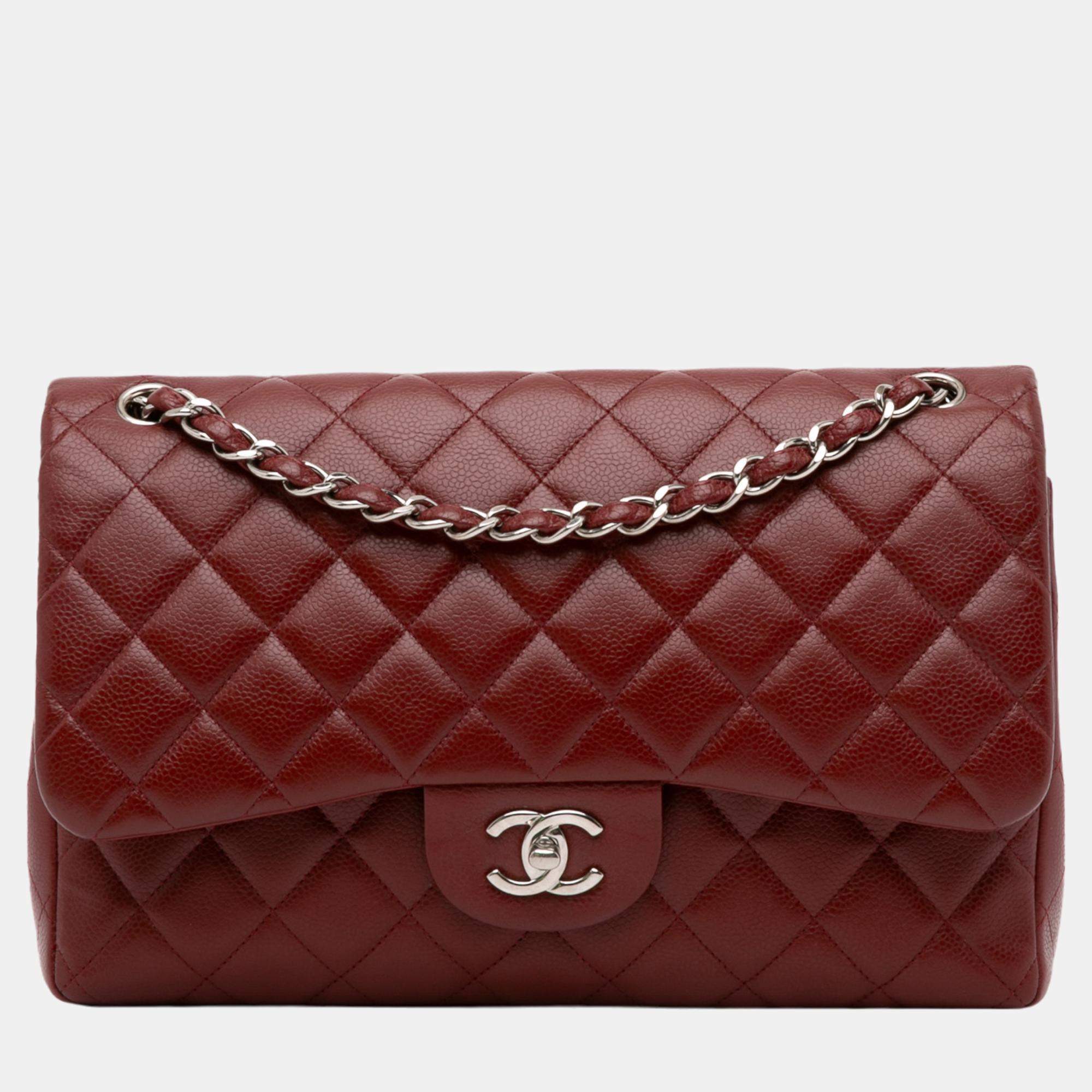 Pre Owned Chanel Red Jumbo Classic Caviar Double Flap