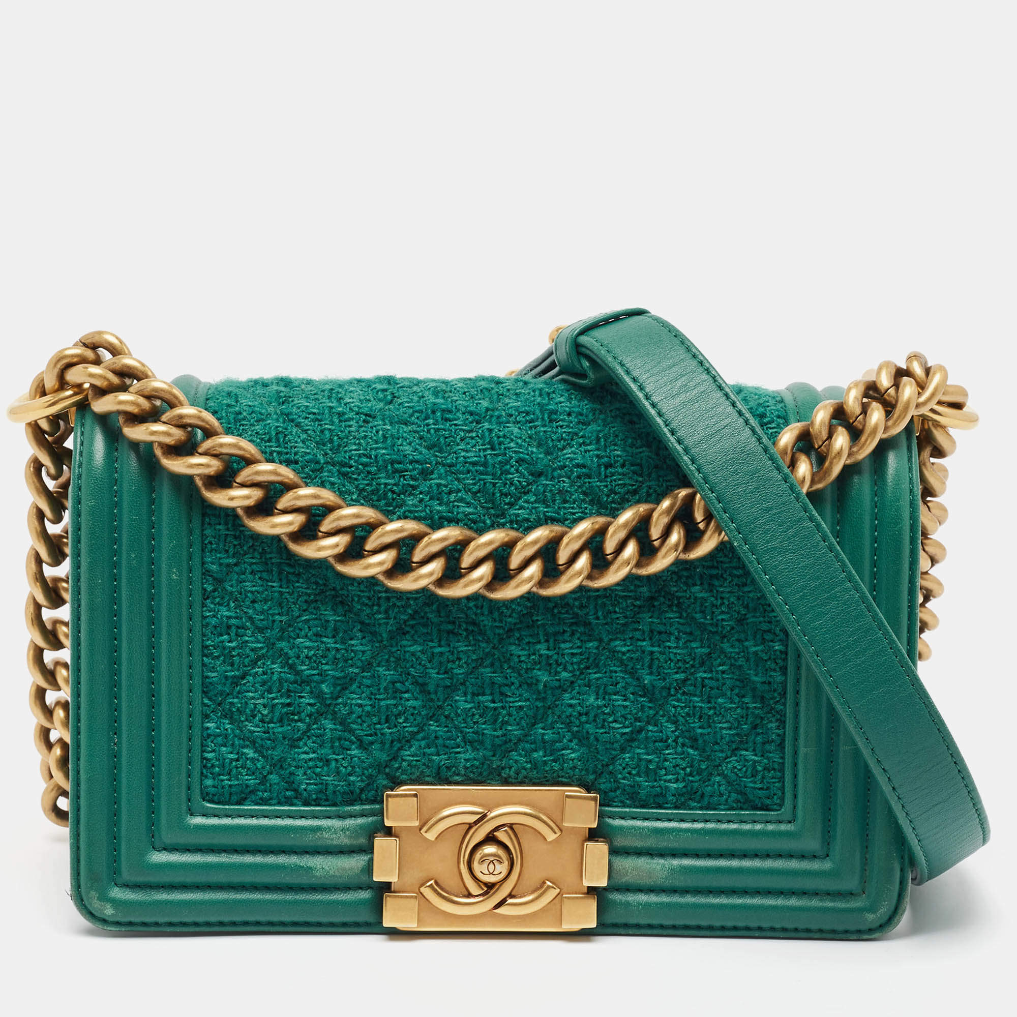 Pre Owned Chanel Green Quilted Wool and Leather Mini Boy Flap Bag
