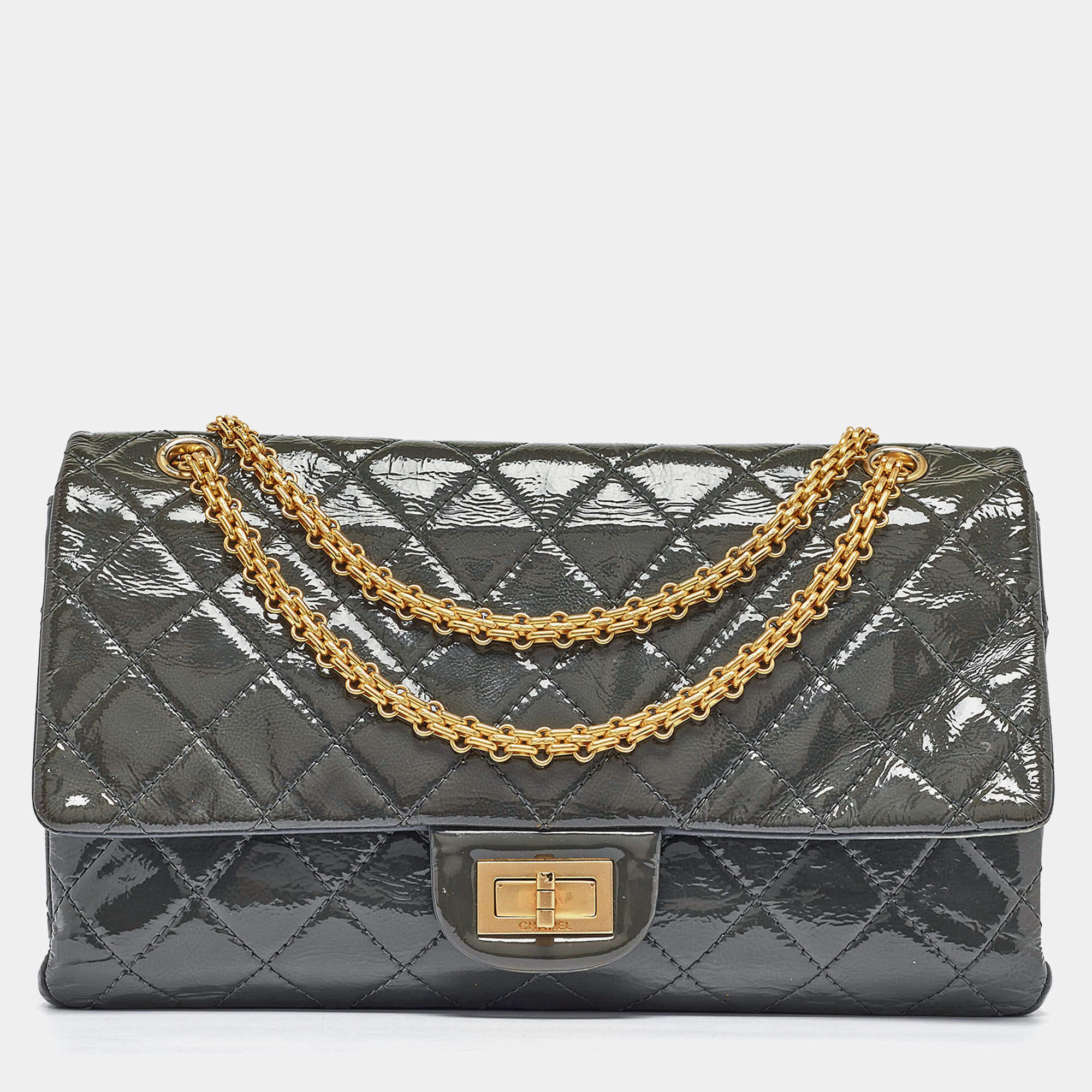 Pre Owned Chanel Grey Quilted Aged Patent Leather Classic 227 Reissue 2.55 Flap Bag