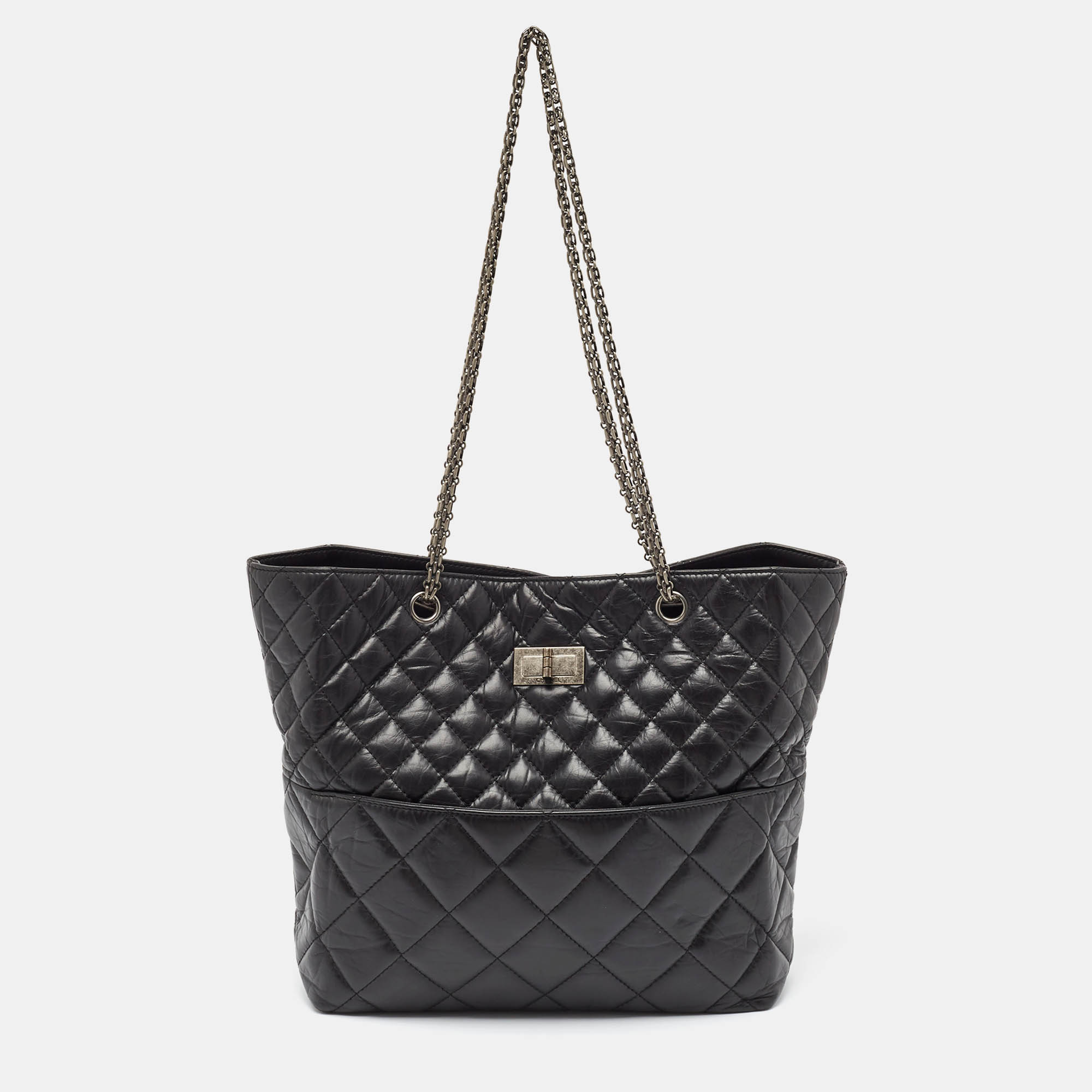 Pre Owned Chanel Black Quilted Aged Leather Reissue East West Tote