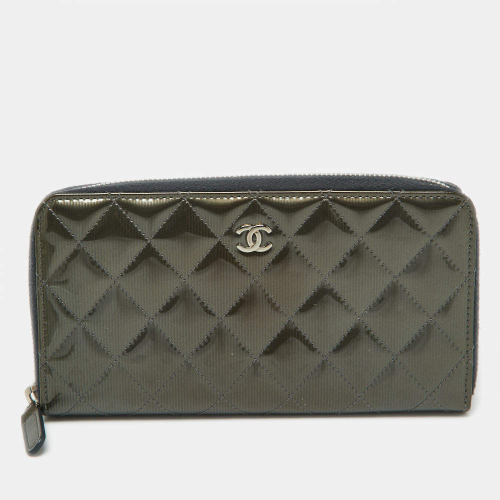 Chanel Olive Green Quilted Patent Leather Classic Zip Around Wallet