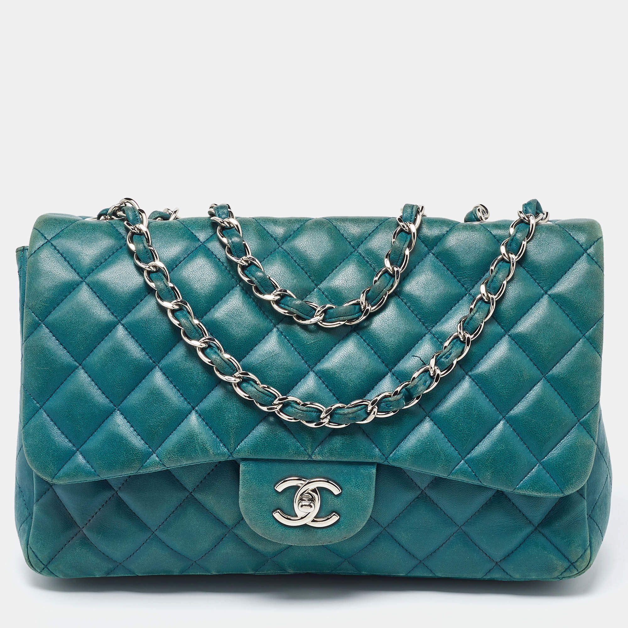 Pre Owned Chanel Green Quilted Leather Jumbo Classic Double Flap Bag