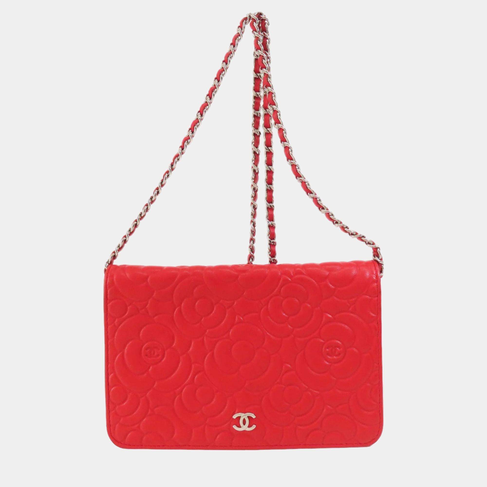 Chanel Red Camellia Leather Embossed Wallet On Chain