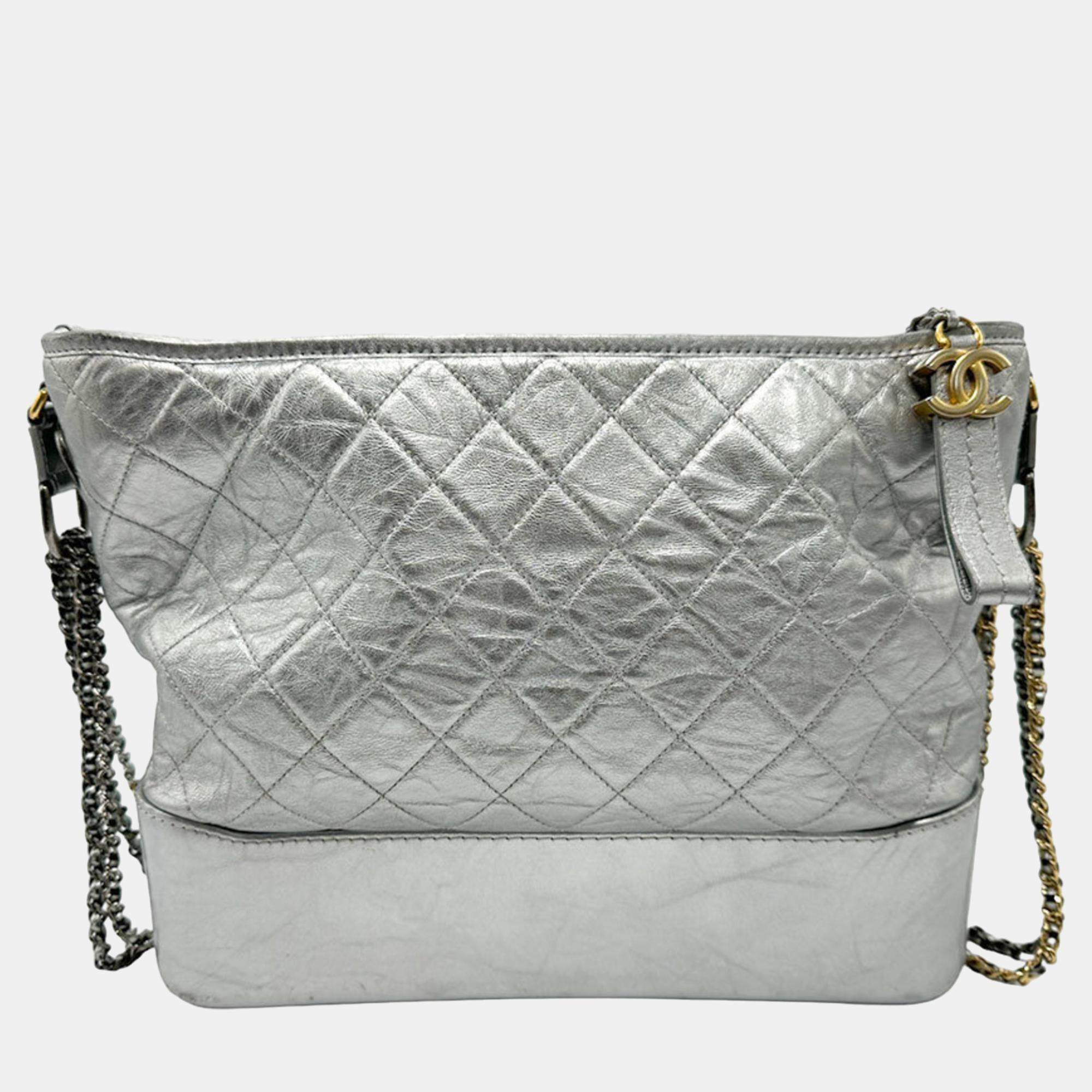 Chanel Silver Leather Large Gabrielle Shoulder Bag