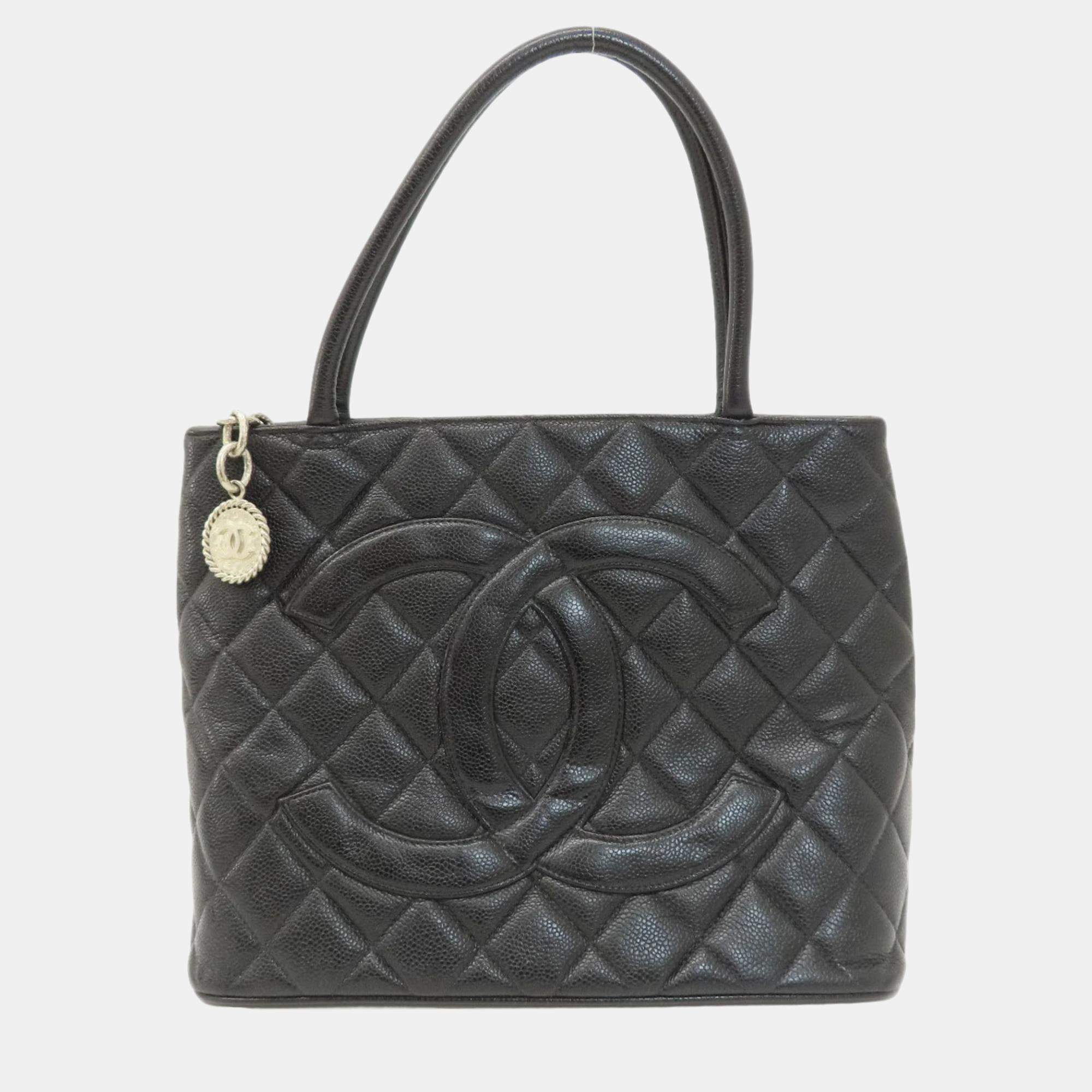 Chanel Black Caviar Leather  Medallion Tote Bag