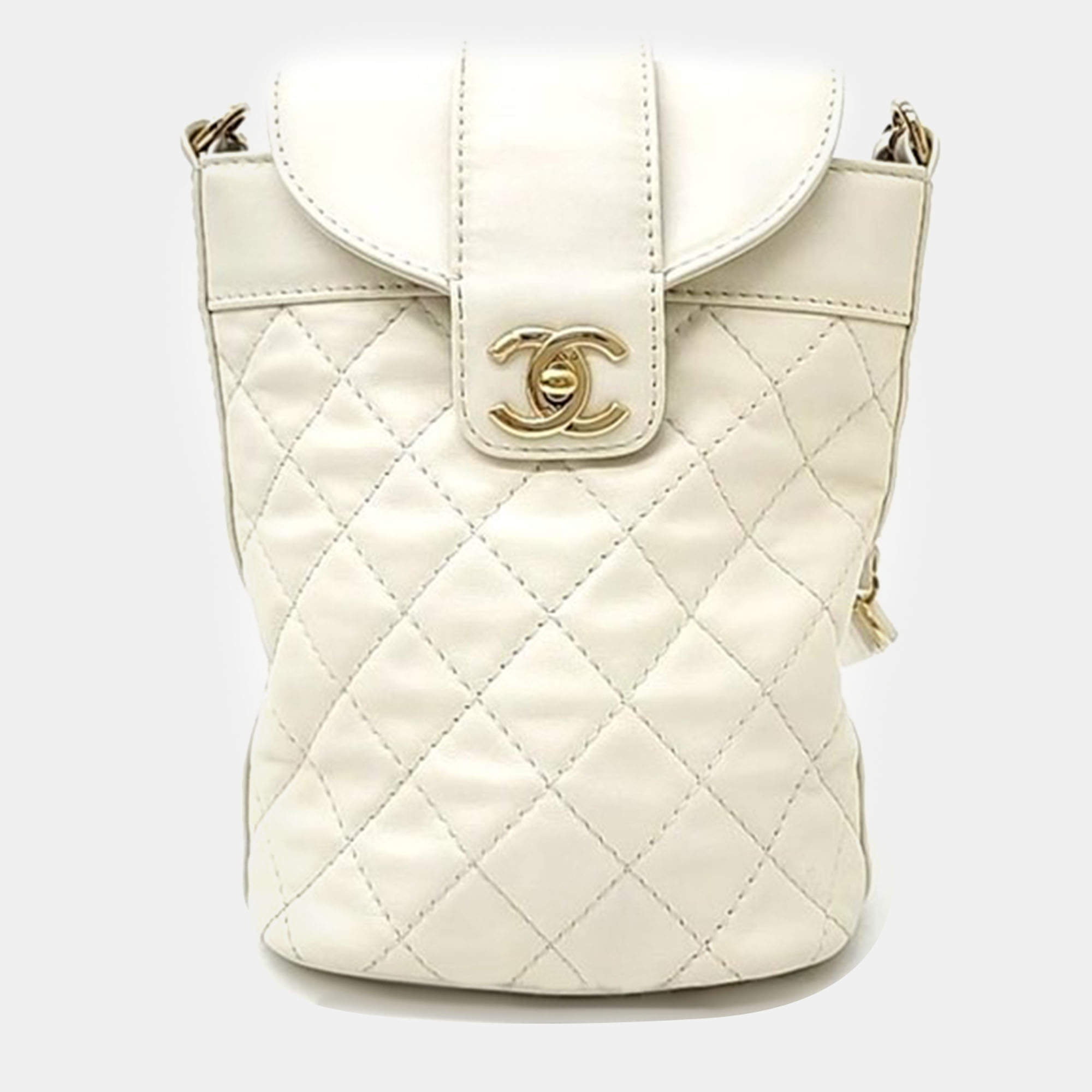 Chanel Cream Leather Quilted CC Bucket Bag 