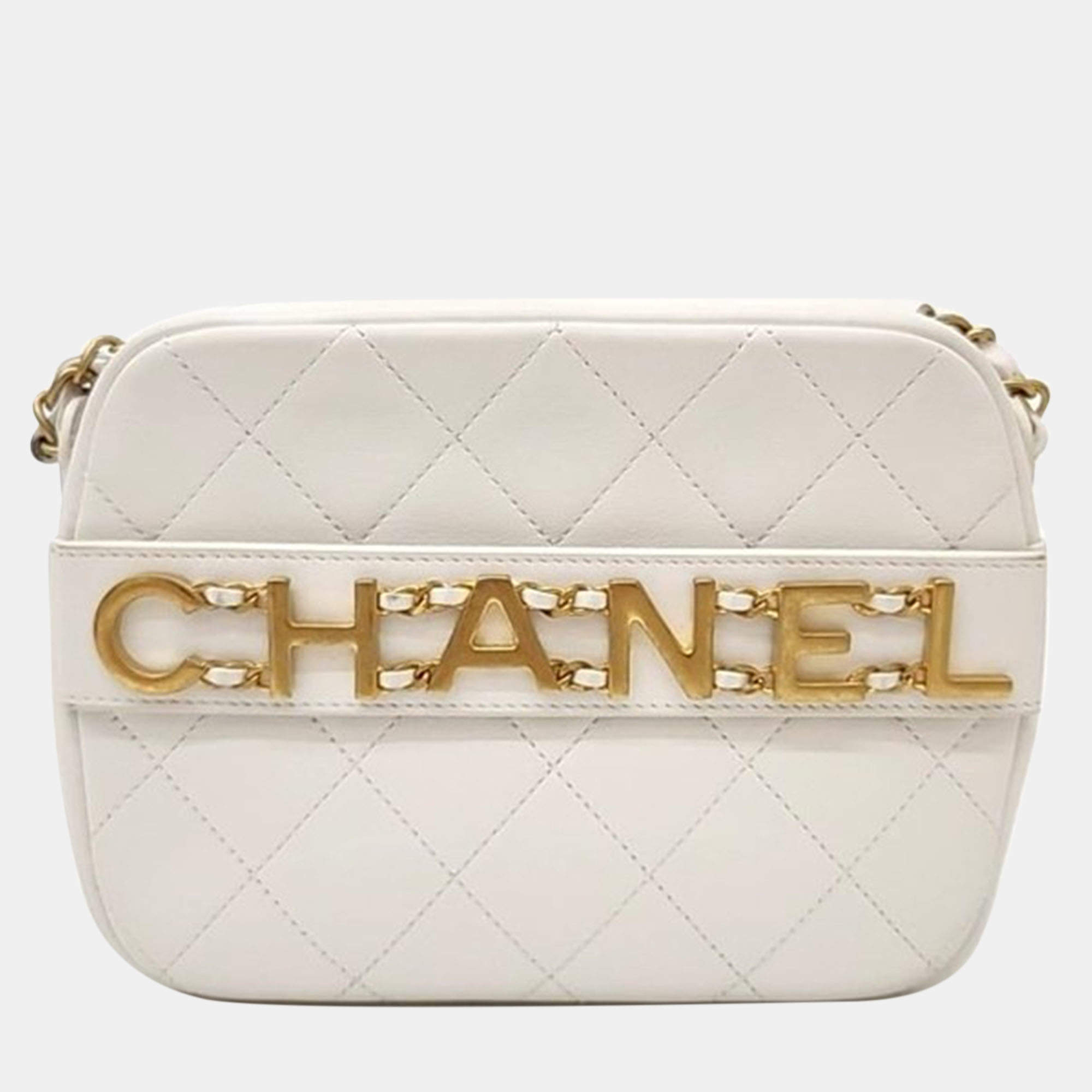 Pre Owned Chanel White Leather Camera Shoulder Bag