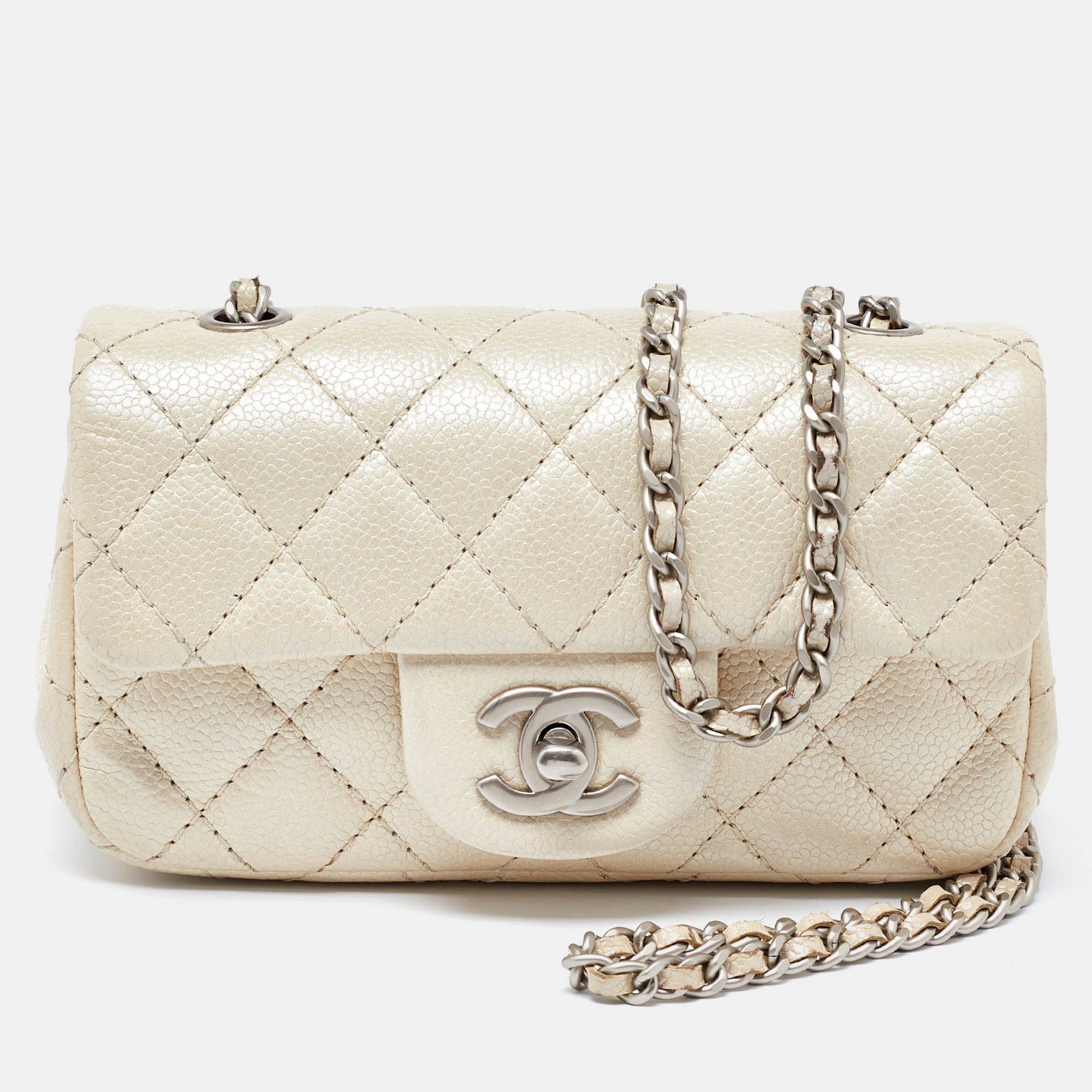 Pre Owned Chanel Pearl Beige Quilted Caviar Leather New Mini Classic Flap Bag