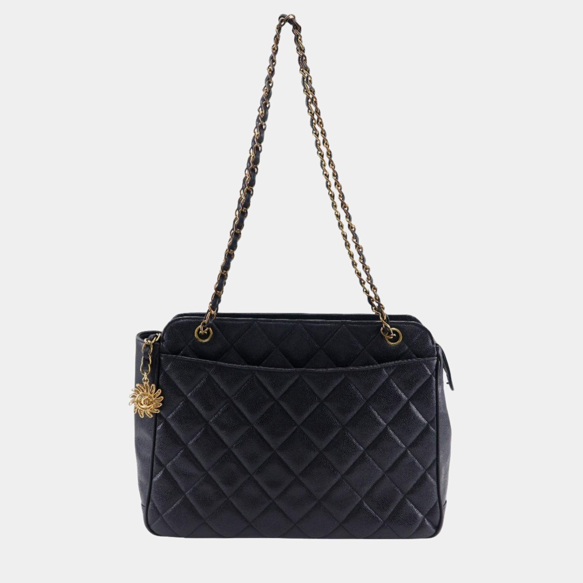 Chanel Black Caviar Leather Quilted Chain Shoulder Bag
