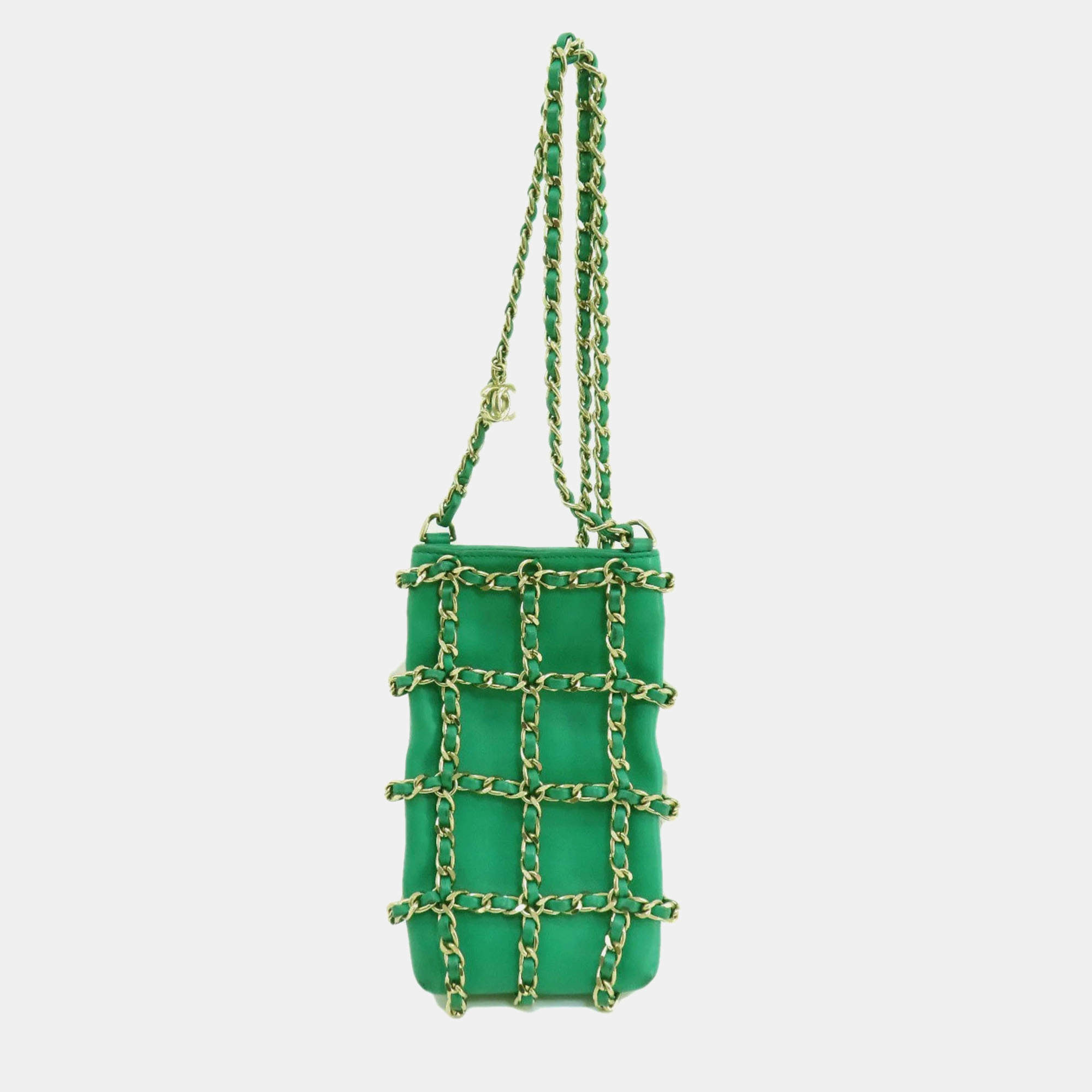 Chanel Green Lambskin Tech Me Out Clutch With Chain