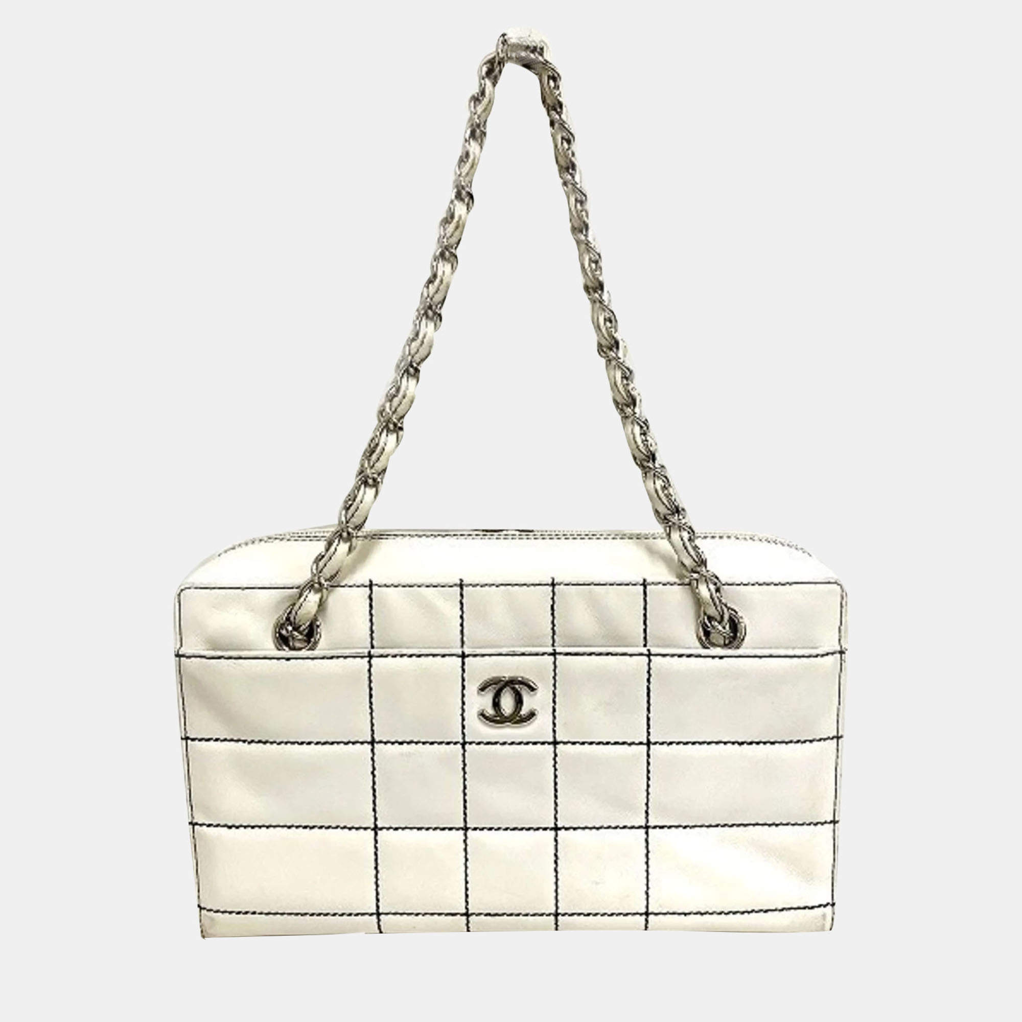 Chanel White Quilted Lambskin Medium Chocolate Bar CC Camera Bag 