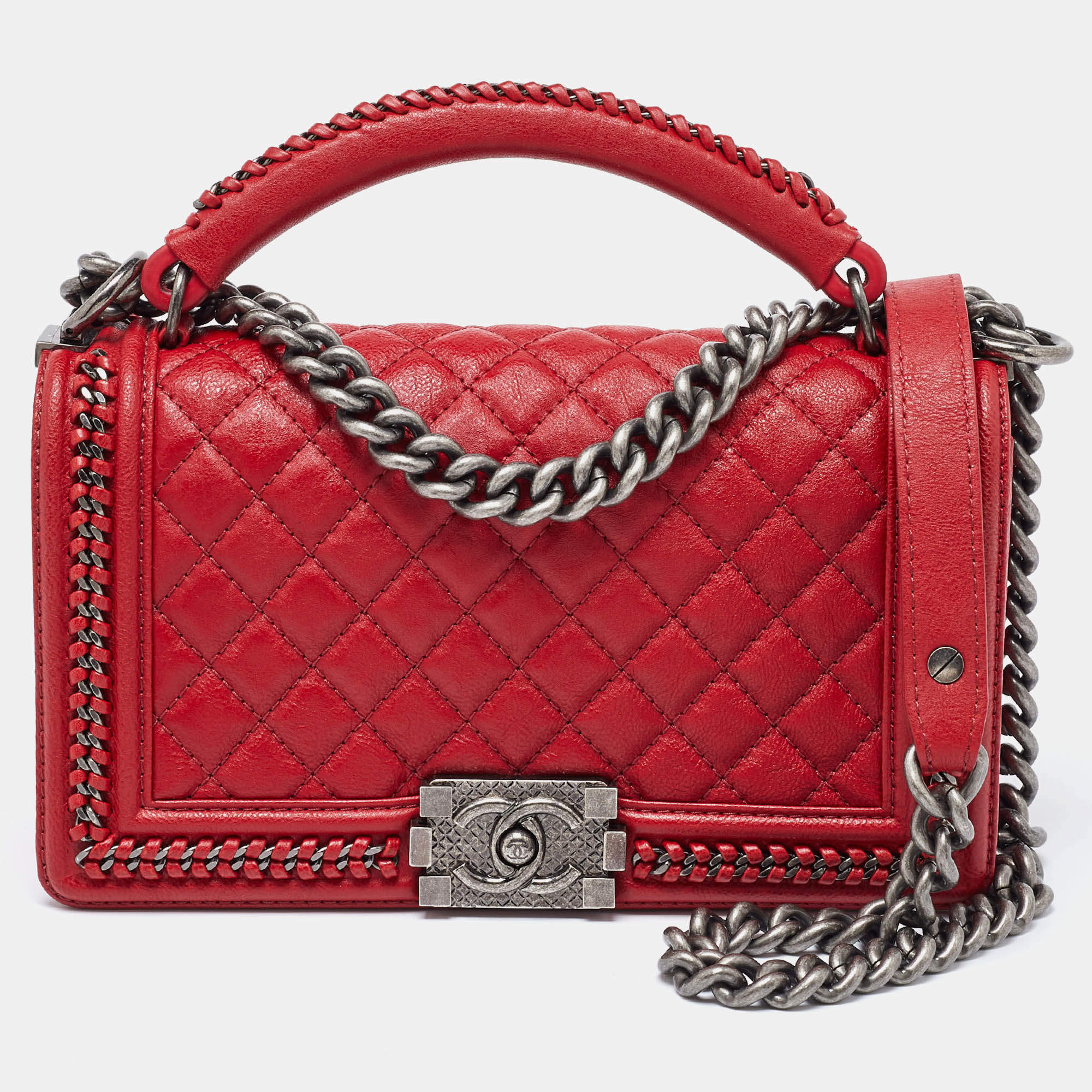 Pre Owned Chanel Red Quilted Leather Medium Chain Around Boy Flap Bag