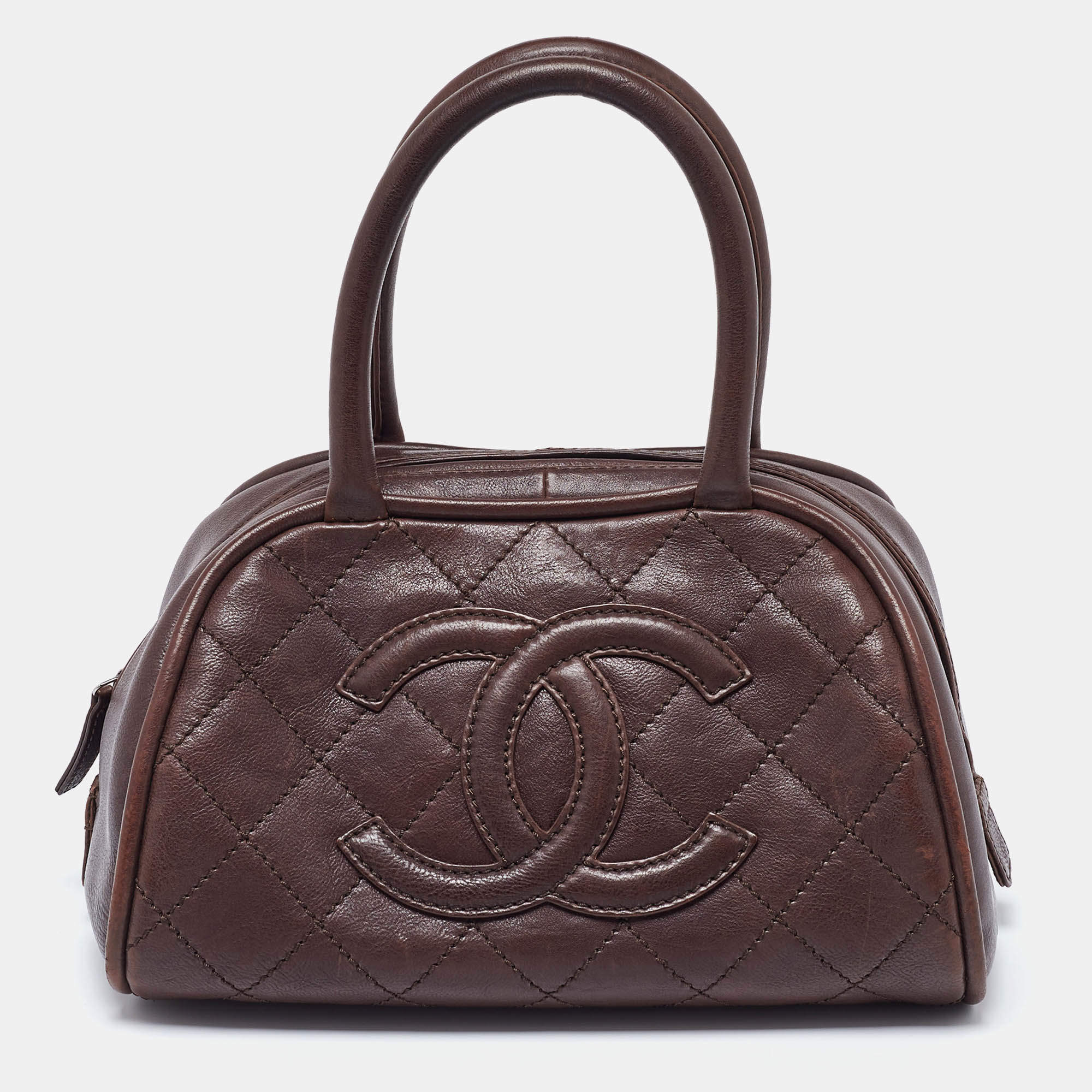 Pre Owned Chanel Brown Quilted Leather Mini Timeless CC Bowler Bag