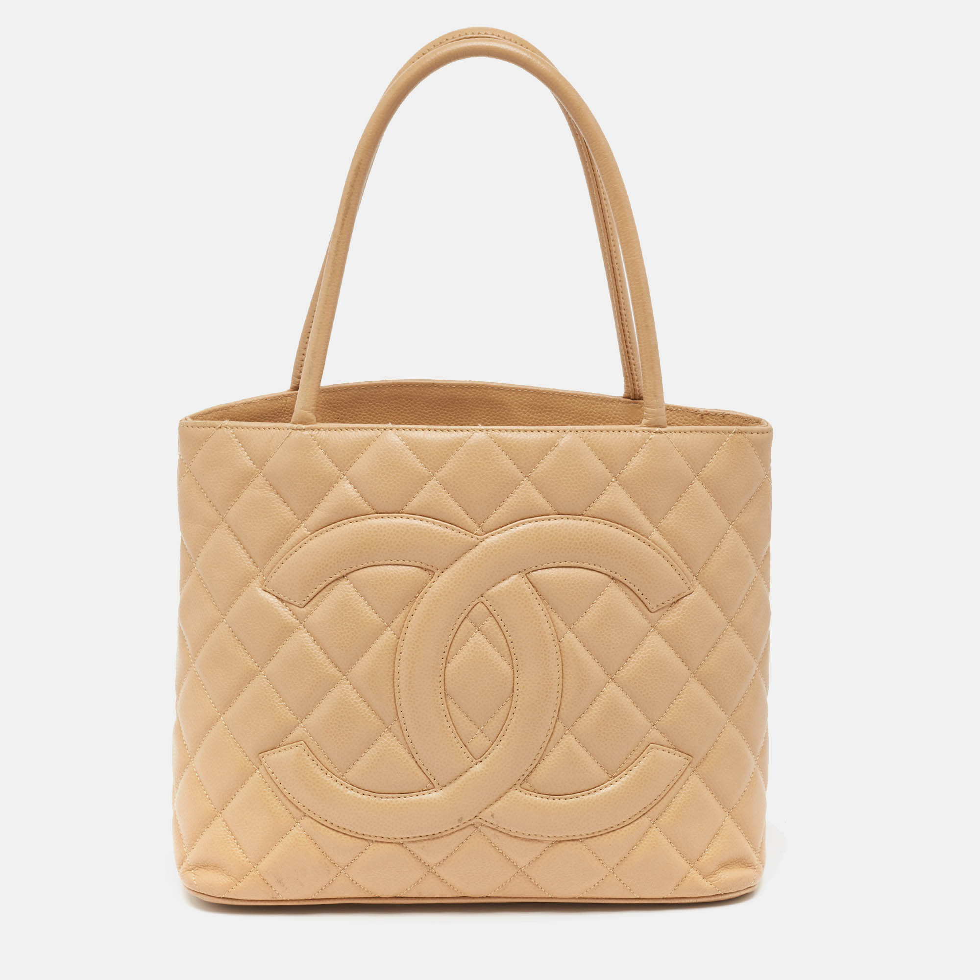 Pre Owned Chanel Beige Quilted Caviar Leather Medallion Tote