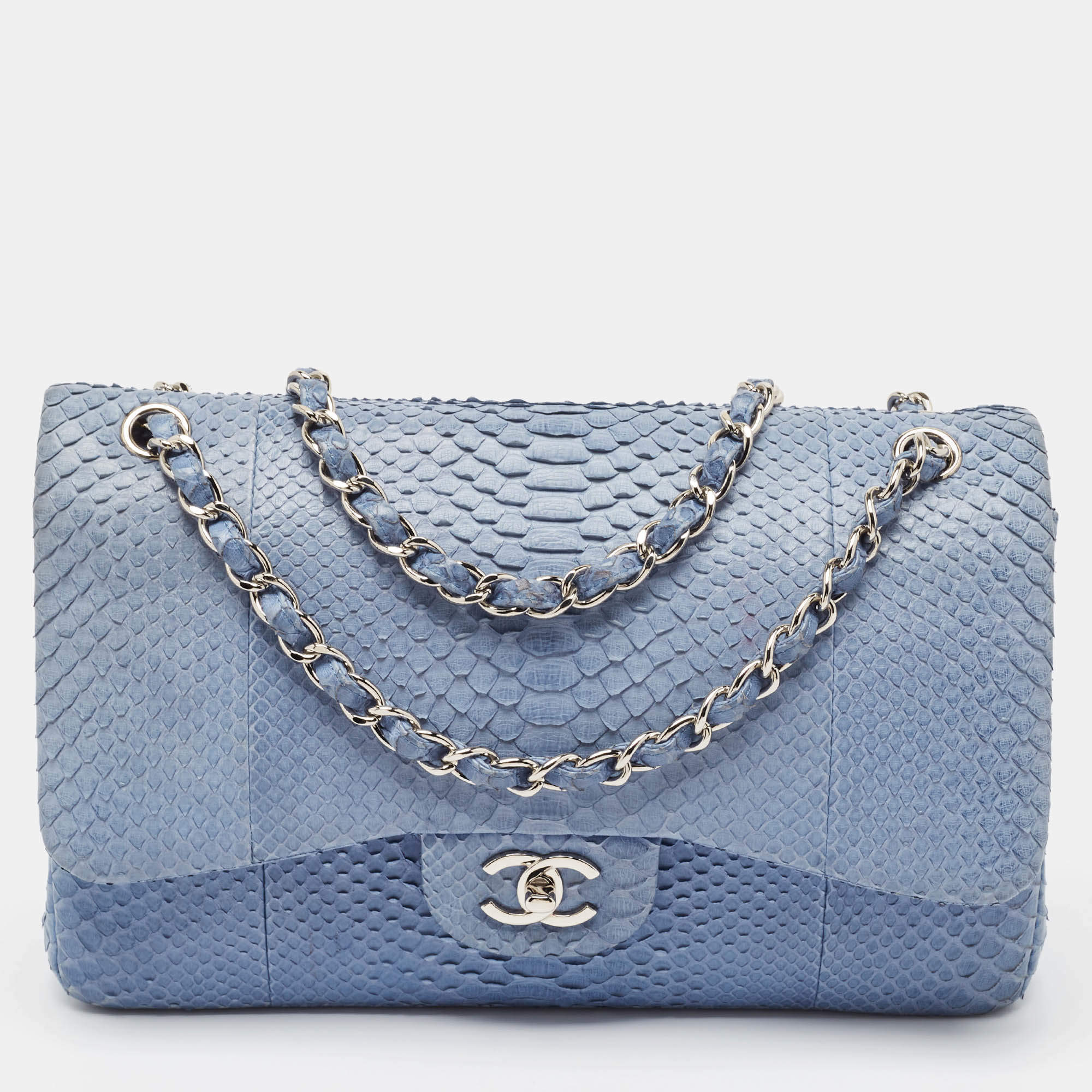 Chanel Blue Python Jumbo Classic Double Flap Bag