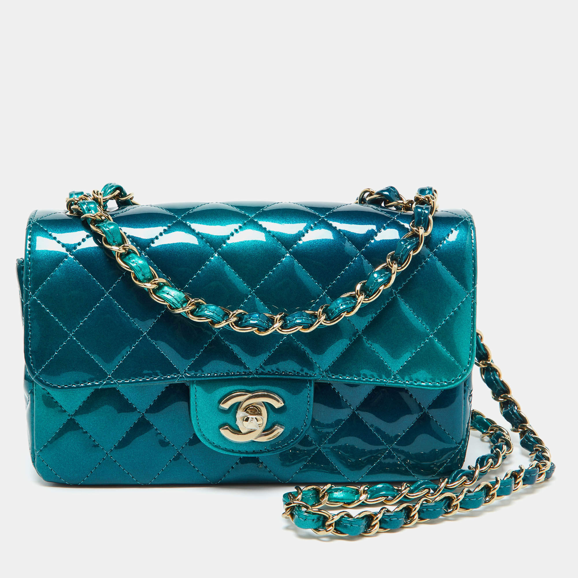 Pre Owned Chanel Green Quilted Patent Leather Mini Rectangle Shaded Classic Flap Shoulder Bag