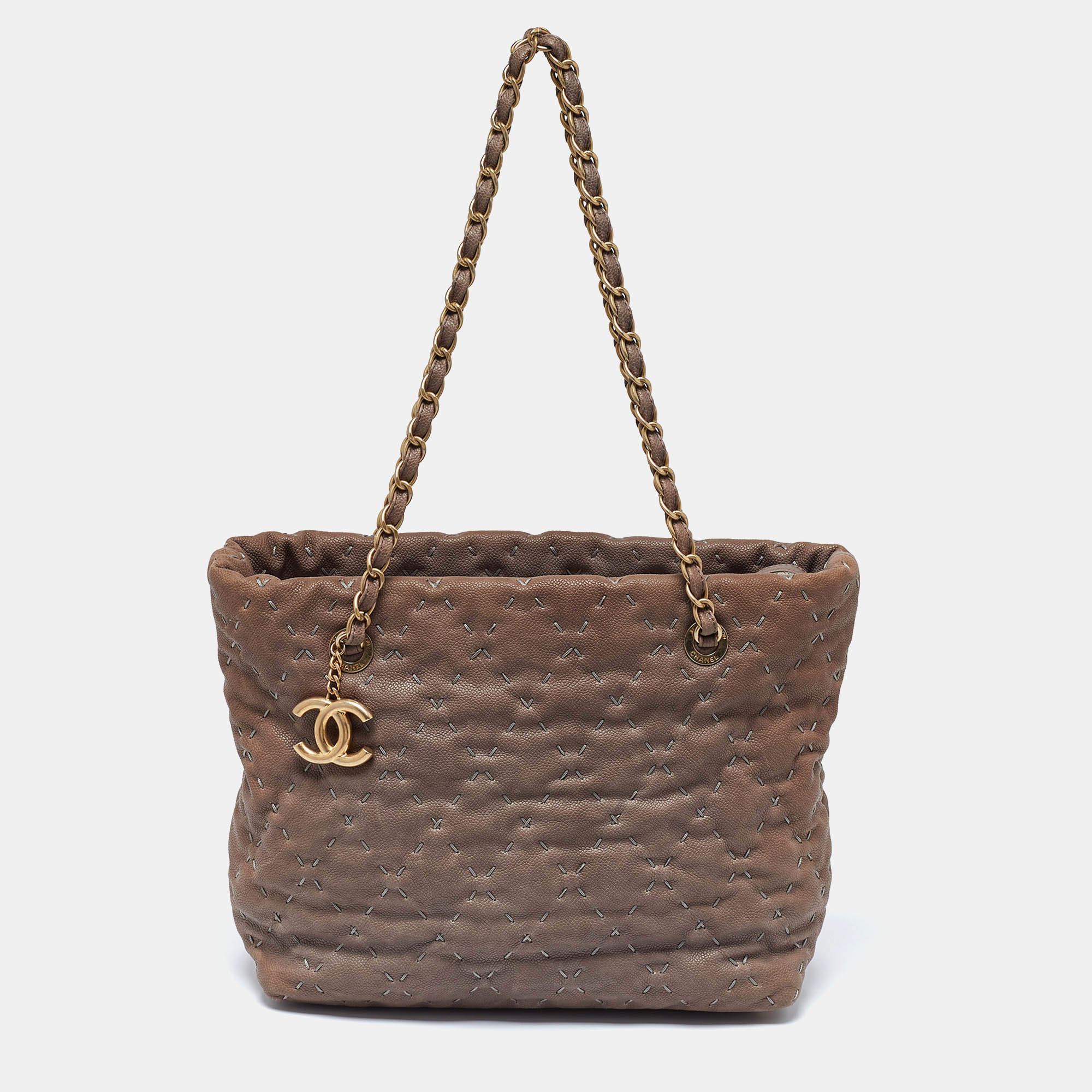 Pre Owned Chanel Brown Quilted Caviar Leather Wild Stitch Tote