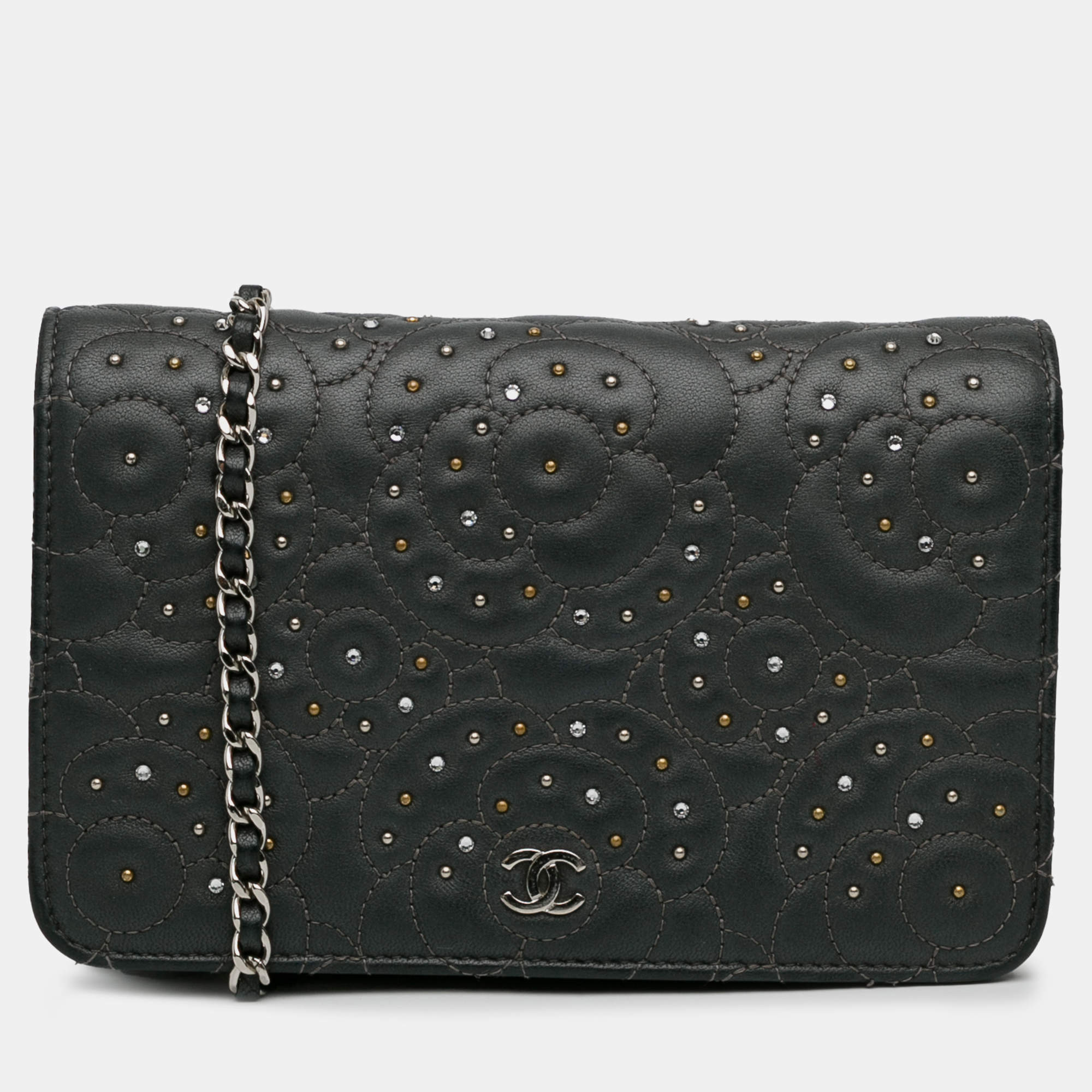 Chanel Studded Calfskin Camellia Wallet On Chain