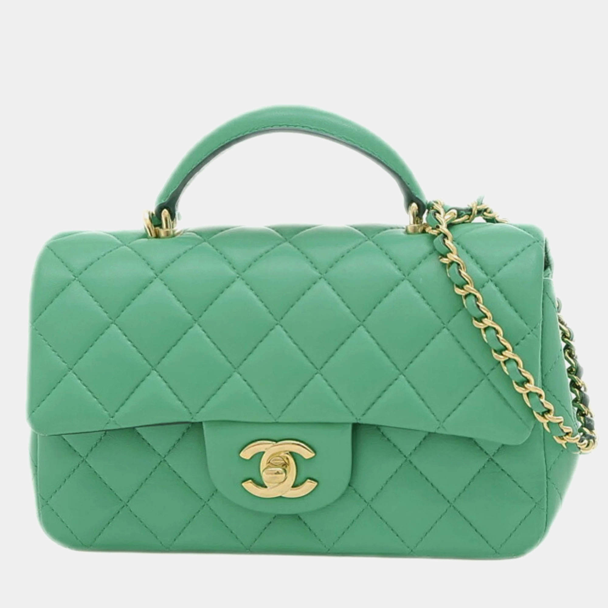 Chanel Green Quilted Lambskin Classic Single Flap Top Handle Bag 